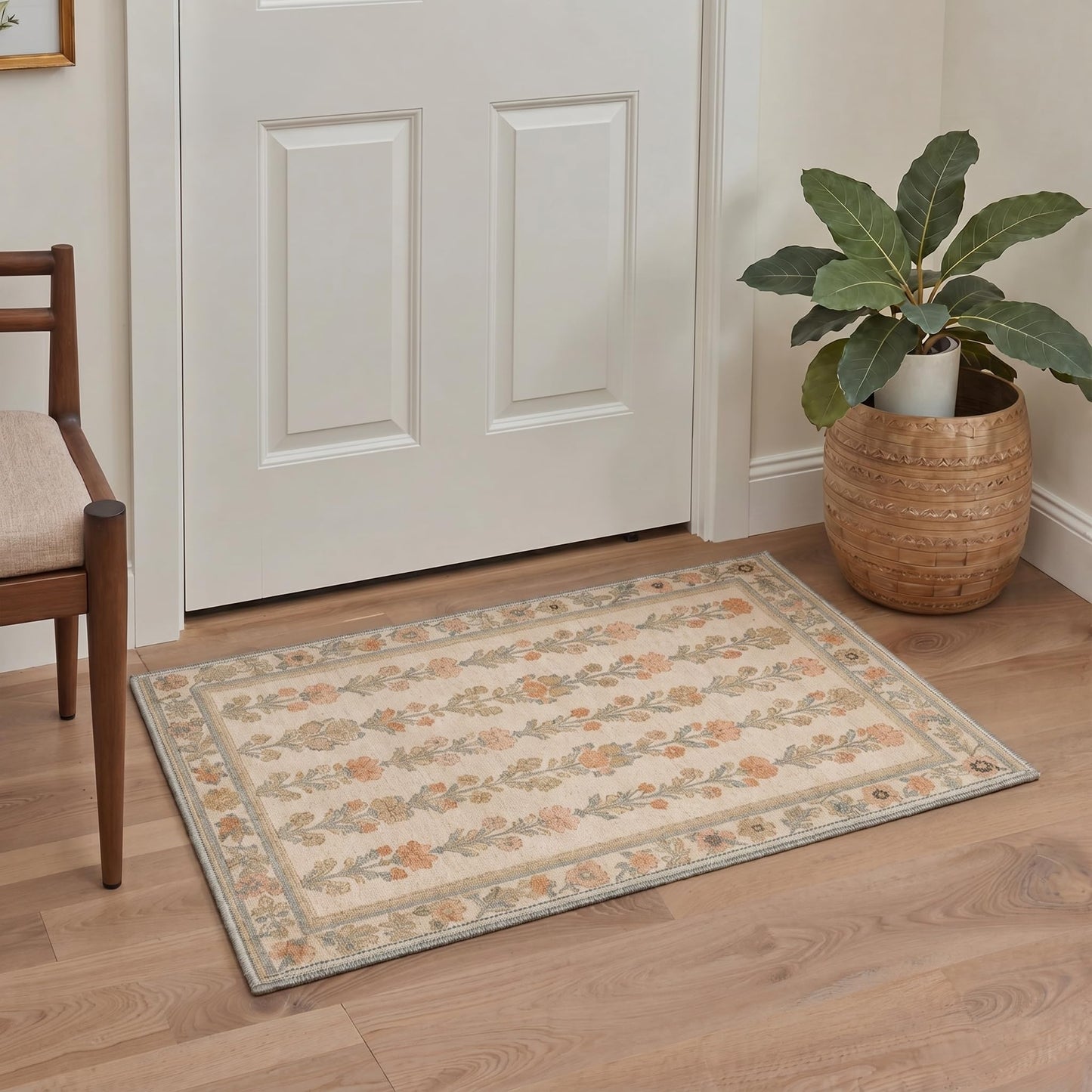 Bavni 8X10 Area Rugs for Living Room Machine Washable, Non Slip Low Pile Soft Modern Botanical Rugs, Floral Vines Carpet for Bedroom Dining Room, Home Office, Warm Beige