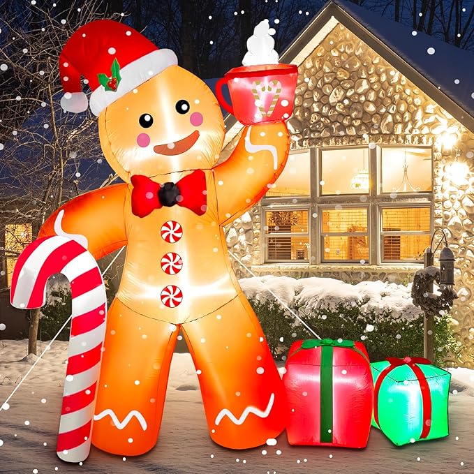 8 FT Christmas Gingerbread Inflatable Outdoor Decoration With LED Lights, Cute Gingerbread Man With Gift & Hot Cocoa Blow Up Yard Decor for Garden