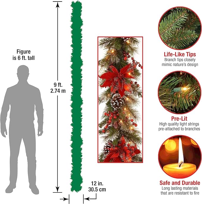 National Tree Company Pre-Lit Artificial Christmas Garland, Green, Evergreen, White Lights, Decorated With Plaid Bows, Berry Clusters, Pine Cones, Plug In, Christmas Collection, 9 Feet