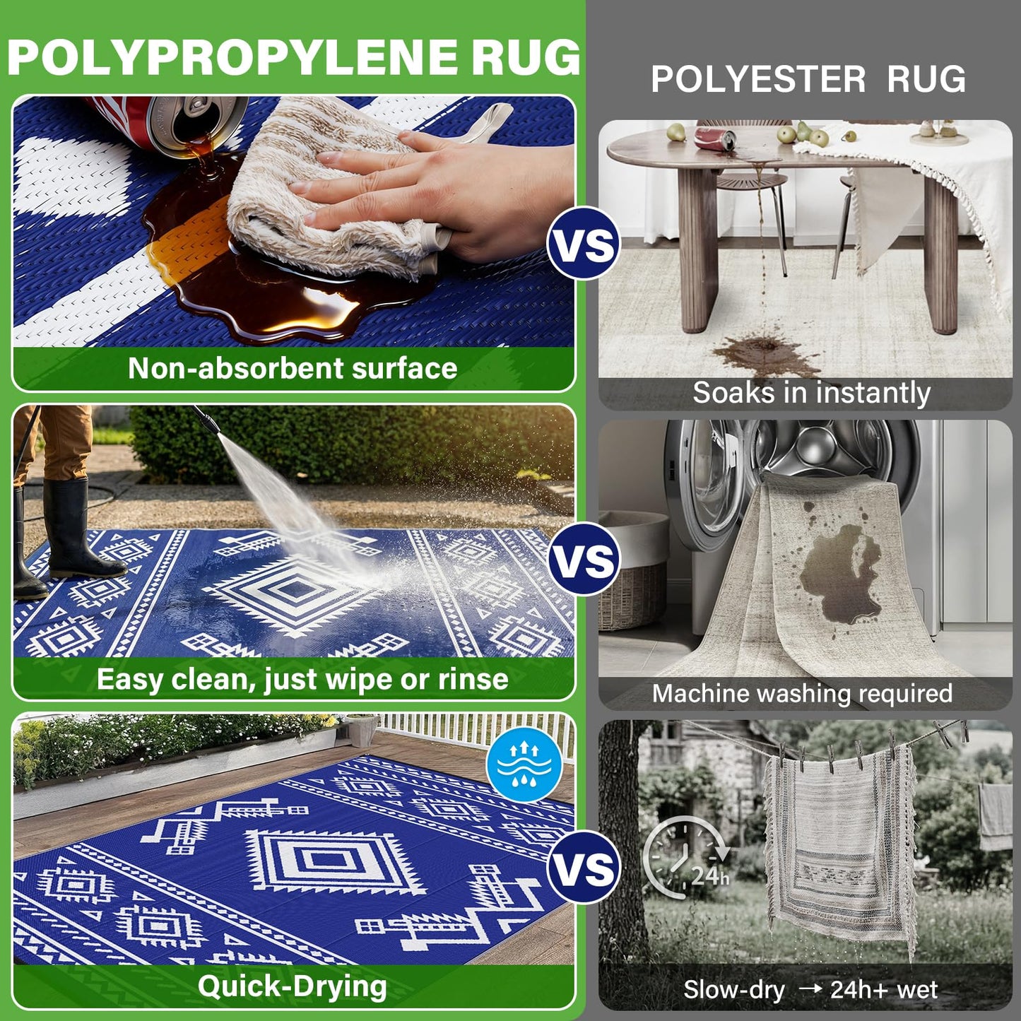 GOTGELIF 9x18 ft RV Camping Rug Waterproof, Large Reversible Bohemian Outdoor Plastic Straw Mat with Carry Bag, 4 Stakes & Seam, UV-Resistant Portable Carpet for Patio Pool Beach Deck (Blue & White)