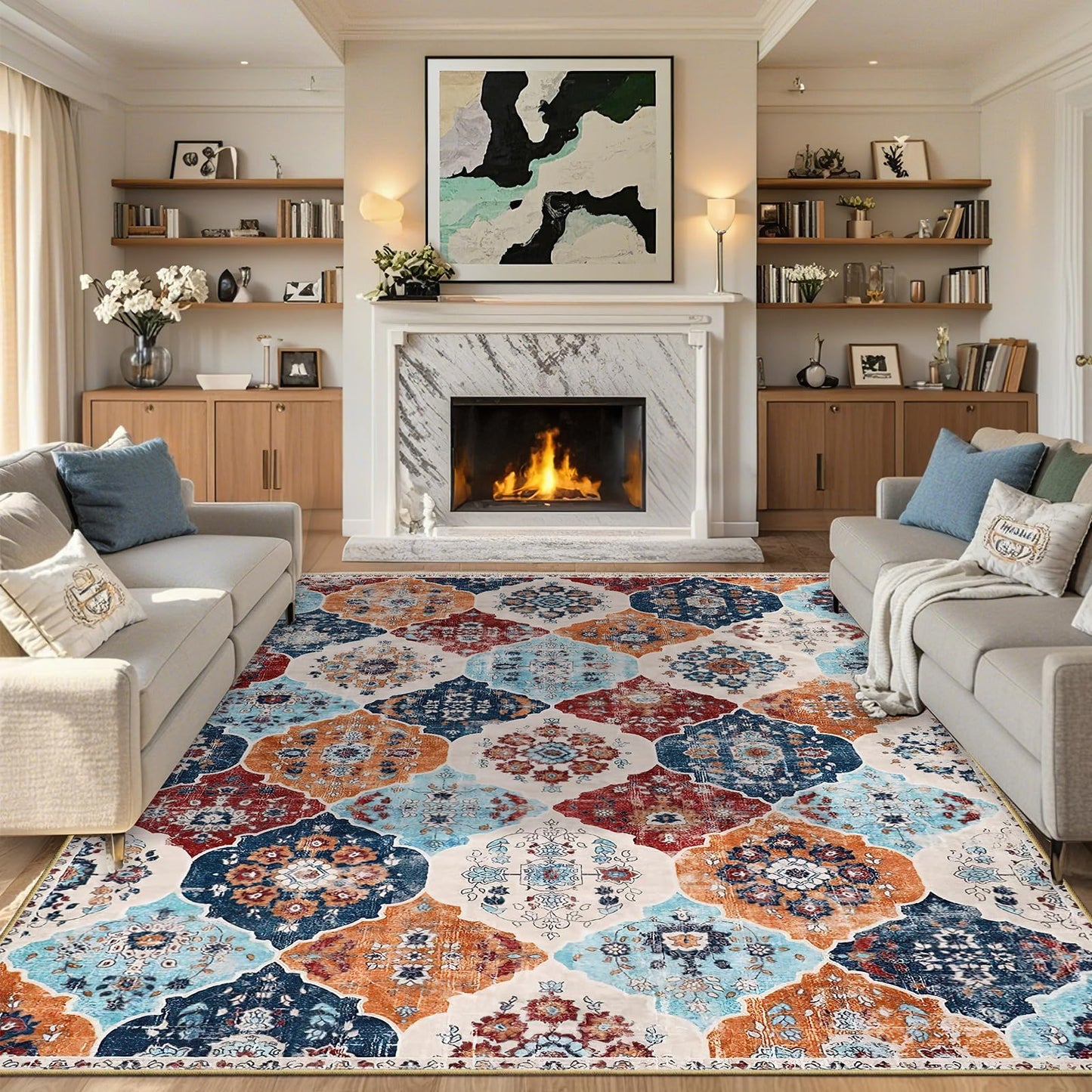 FLYRUGGO Area Rugs, 5x7 Washable Boho Throw Rug Indoor, Moroccan Trellis Bohemian Ultra Soft Large Non-Slip Carpet for Living Room Dining Room Office Bedroom (001-Orange/Multi, 5x7)