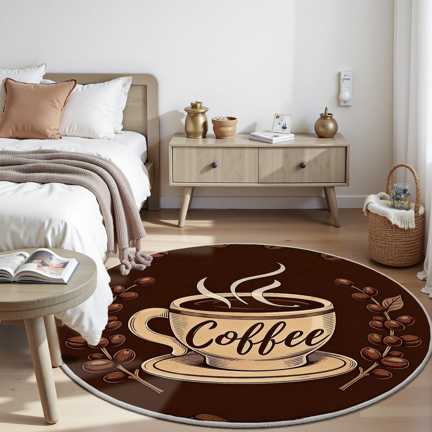 Egljss Round Washable Rugs 6ft, Coffee Cup Circle Area Rug for Bedroom, Coffee Bean Round Carpet for Living Room, Brown Circle Rug Non Slip for Dining Table Kitchen