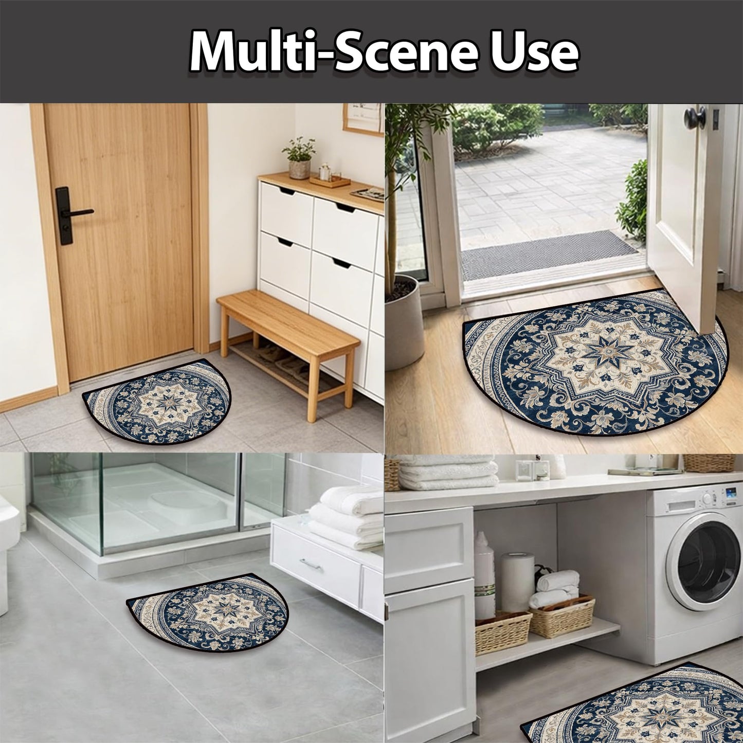 NYZE Semi Circle Door Mat Half Round Welcome Mat Non Slip Low-Pile Absorbent Half Circle Entryway Rug for Bathroom Bedroom Laundry Room(Mandala, 24"×36")