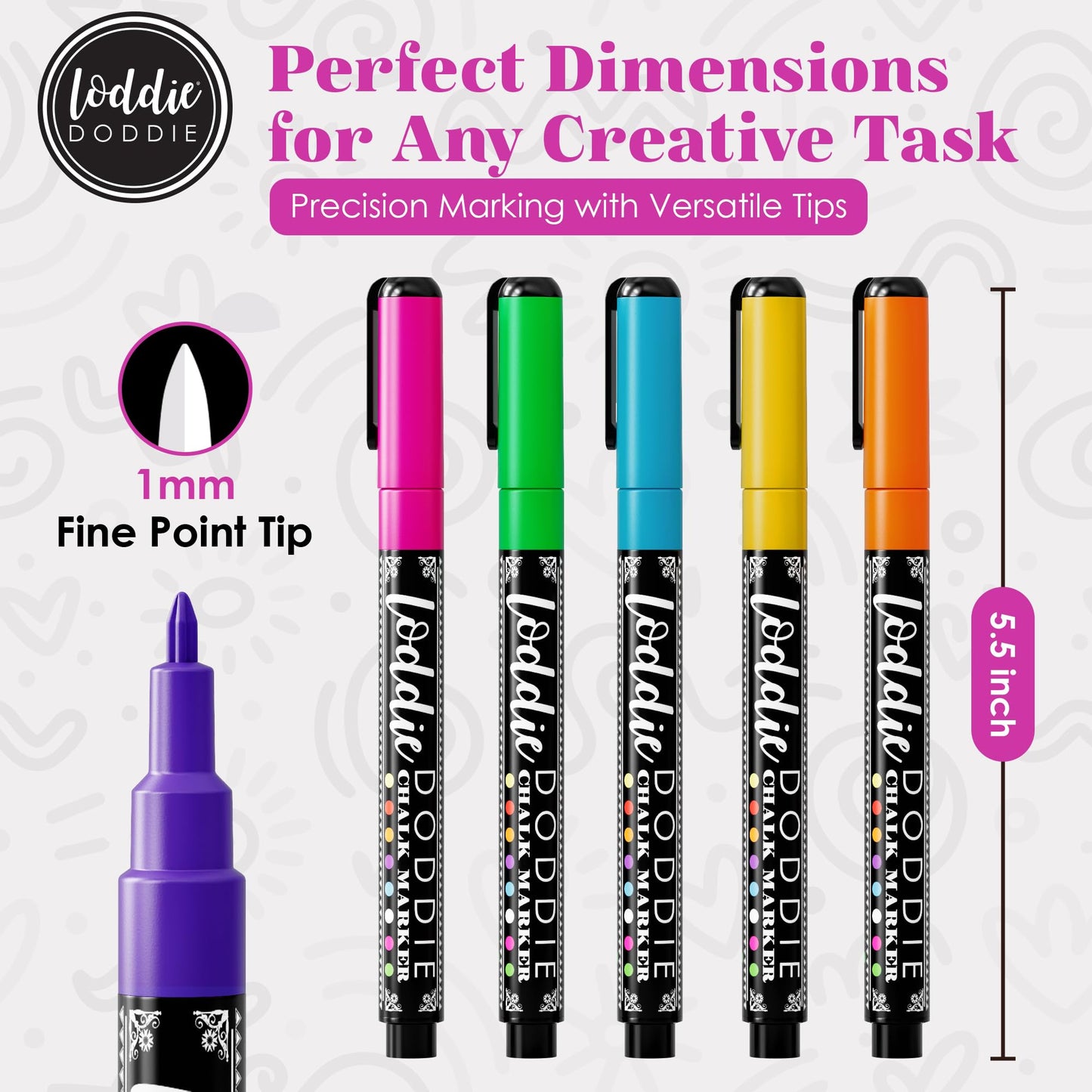 Loddie Doddie Fine Tip Liquid Chalk Markers - Pack of 8, 1mm Tip - Precision Chalk Pens for Chalkboard Calendar - Quick-Wipe Washable Glass Dry Erase Pens - Vibrant Neon Car Window Markers
