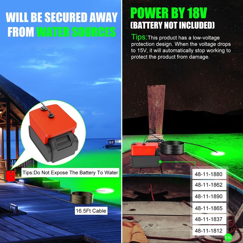 Underwater Fishing Light Compatible for Milwaukee 18V Battery，LED Green Light for 30W IP68 3000 Lumens Fish Attracting, Night Fishing for Docks Boats or Kayaks(no Battery)