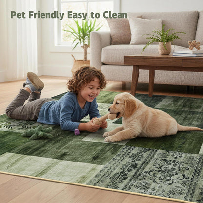 DweIke Washable Area Rugs 4x6 for Living Room, Modern Geometric Green Soft Patchwork Carpet, Non-Slip Stain Resistant Throw Rug for Bedroom Dining Room Office Home Decor
