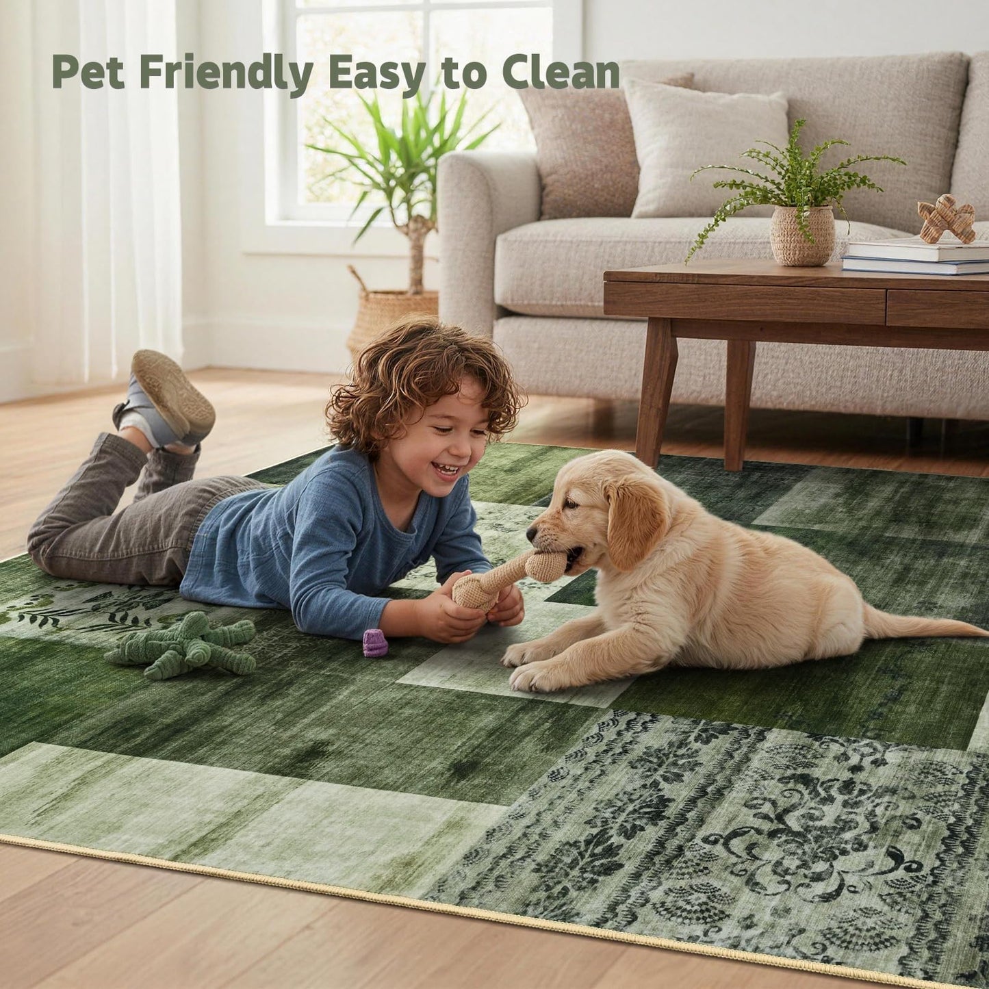 DweIke Washable Area Rugs 5x7 for Living Room, Modern Geometric Green Soft Patchwork Carpet, Non-Slip Stain Resistant Throw Rug for Bedroom Dining Room Office Home Decor