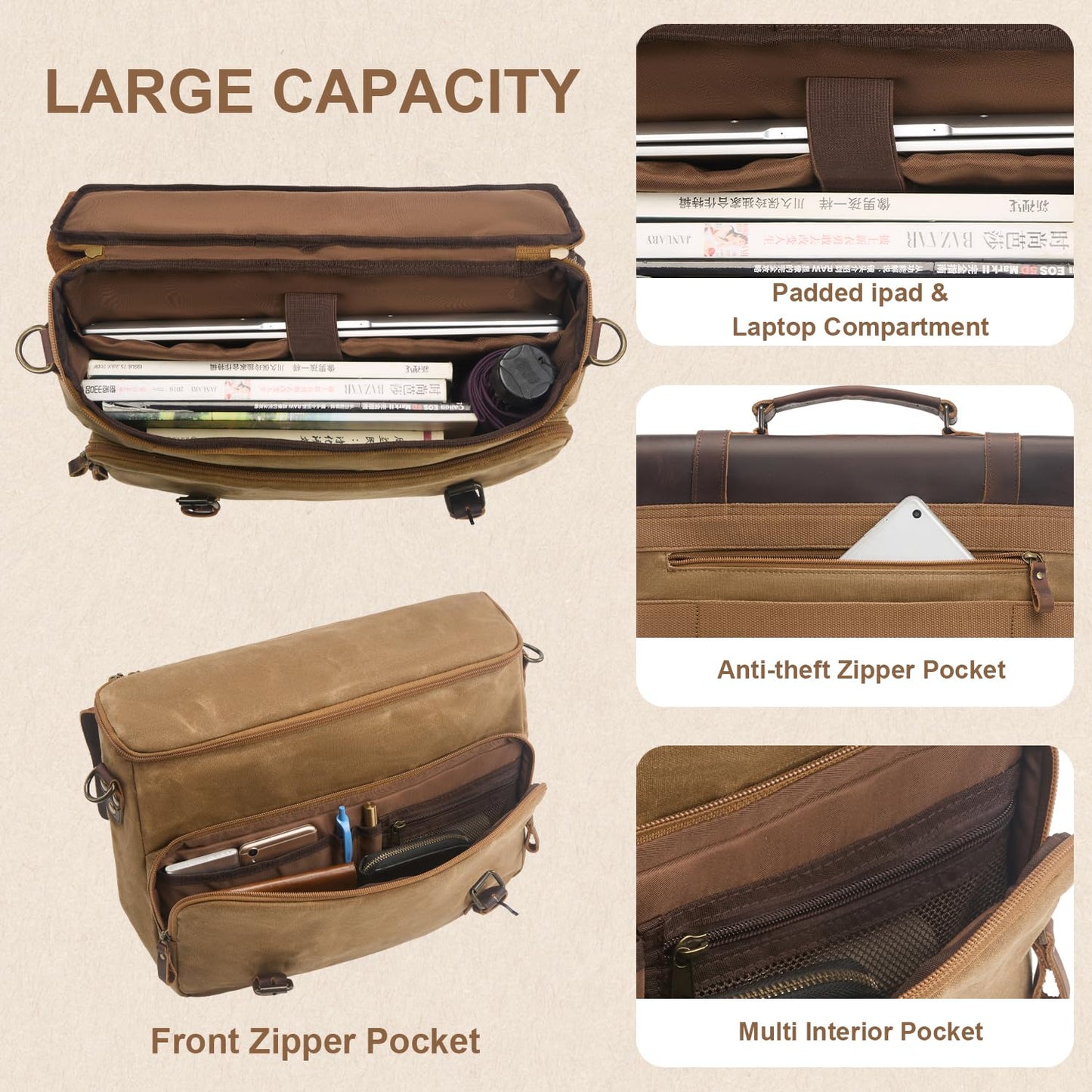 Men's Messenger Bag Waxed Canvas Briefcase 16 Inch Vintage Genuine Leather Computer Laptop Bags Waterproof Satchel Shoulder Bag for Work/Business/Office