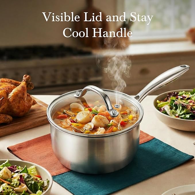 Tri-ply Stainless Steel Pot - 1.5 Qt & 2.5 Qt Heavy Duty Sauce Pan with Lid, Nonstick Stainless Steel Cookware Set Cooking Pot, Multipurpose Saucepan with Stay Cool Handle