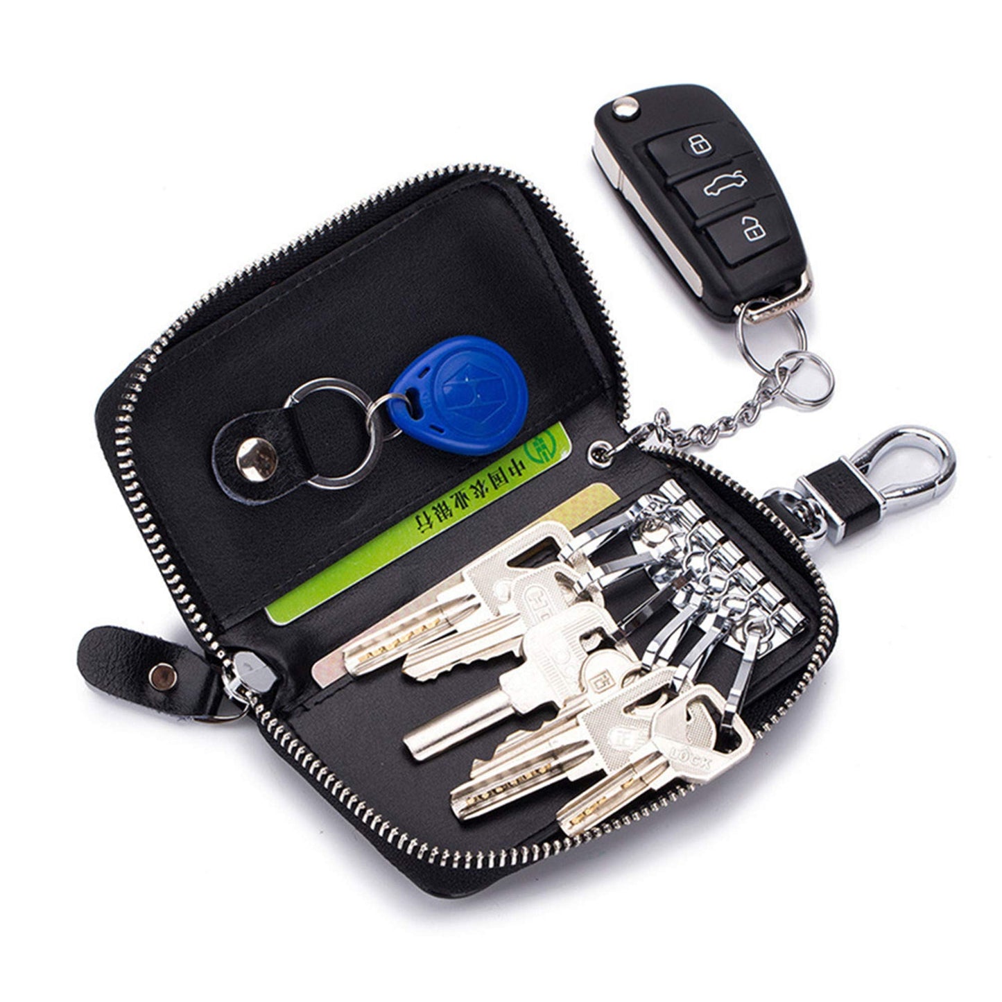 Genuine Leather Key Holder Bag with 2 Card Slots & 6 Hooks, Access Card Key Case Wallet for Men & Women (Golden)