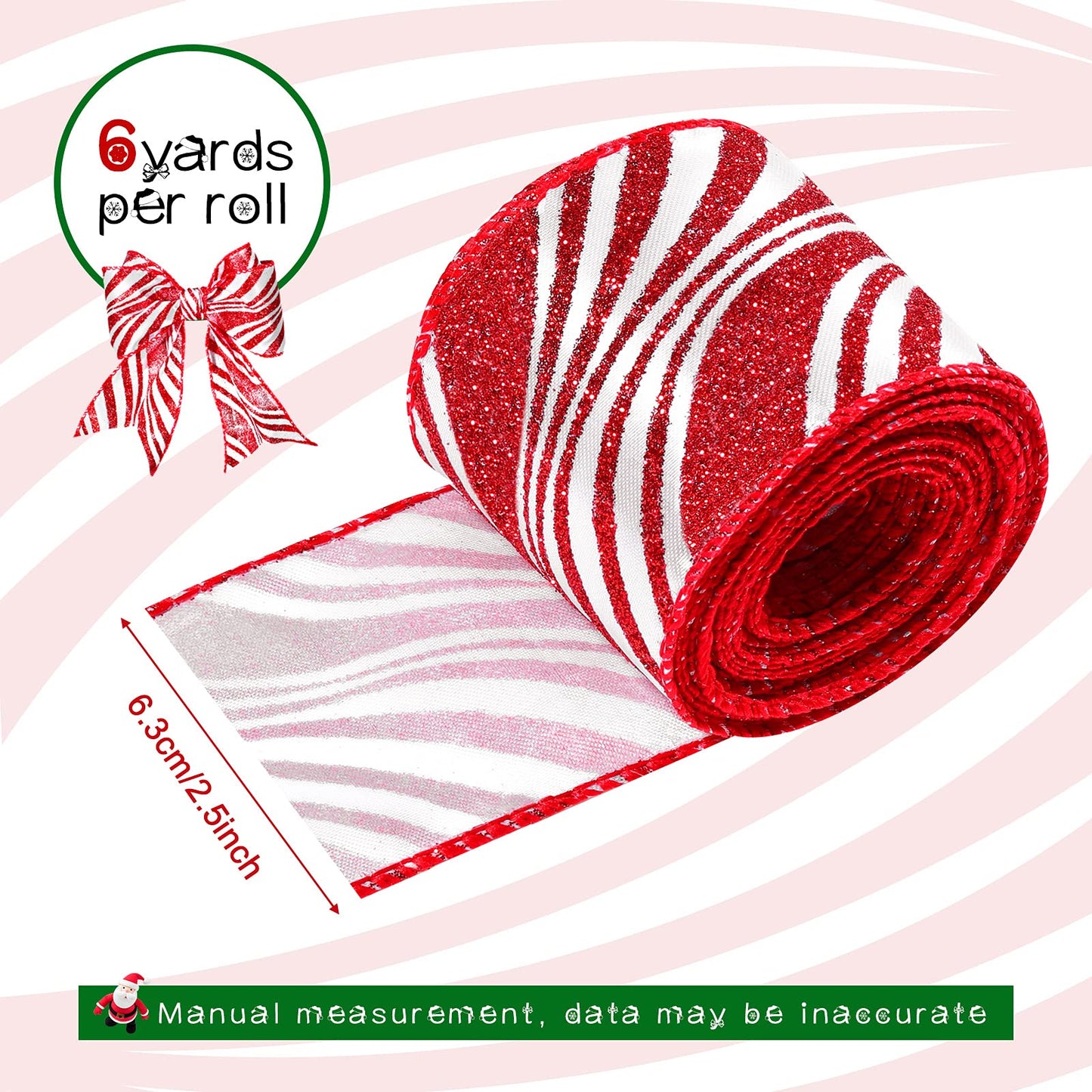 2 Rolls 2.5 Inch x 6 Yards Christmas Red and White Ribbon Christmas Candy Cane Wired Edge Ribbons DIY Craft for Xmas Tree Decorations Wreath Bows Making Gift Wrapping(Arcuate Stripes)