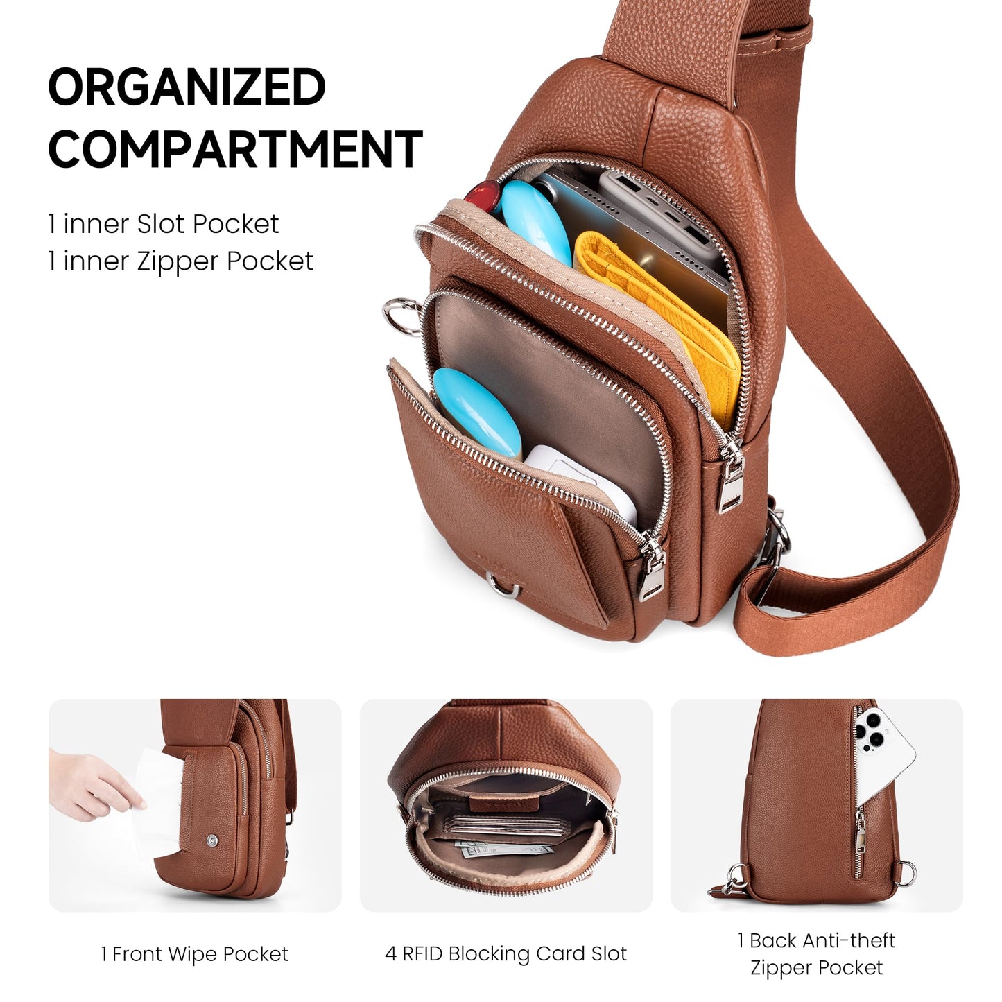befen Genuine Leather Sling Bag for Women Anti Theft Crossbody Bag RFID Blocking Sling Crossbody Bag for Travel with Card Slots and Adjuatable Wipe Strap Soft Small Crossbody Purse for Daily Brown