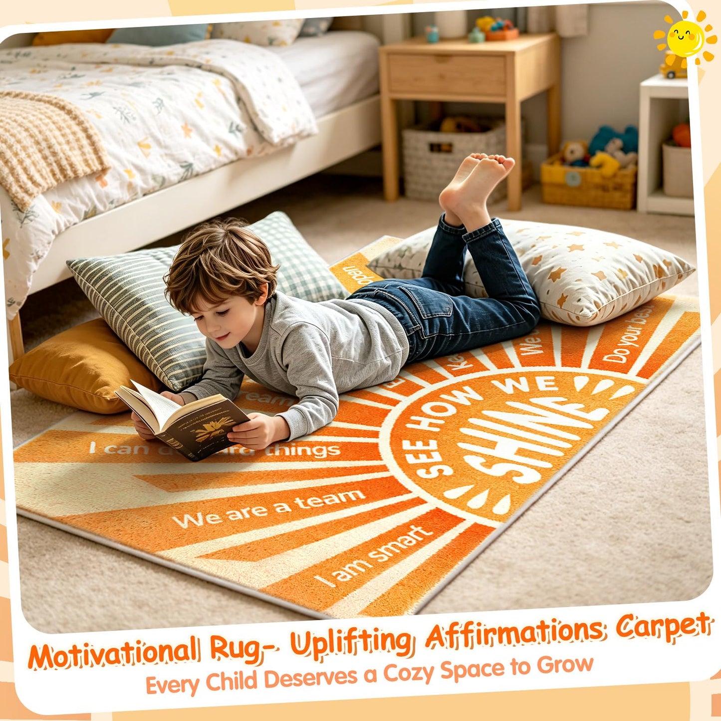 Positive Affirmation Classroom Rug 3'x5' Faux Cashmere Educational Learning Carpet with Sunshine Growth Mindset Quotes for Preschool Kindergarten Calm Down Corner Playroom Reading Living Room Decor
