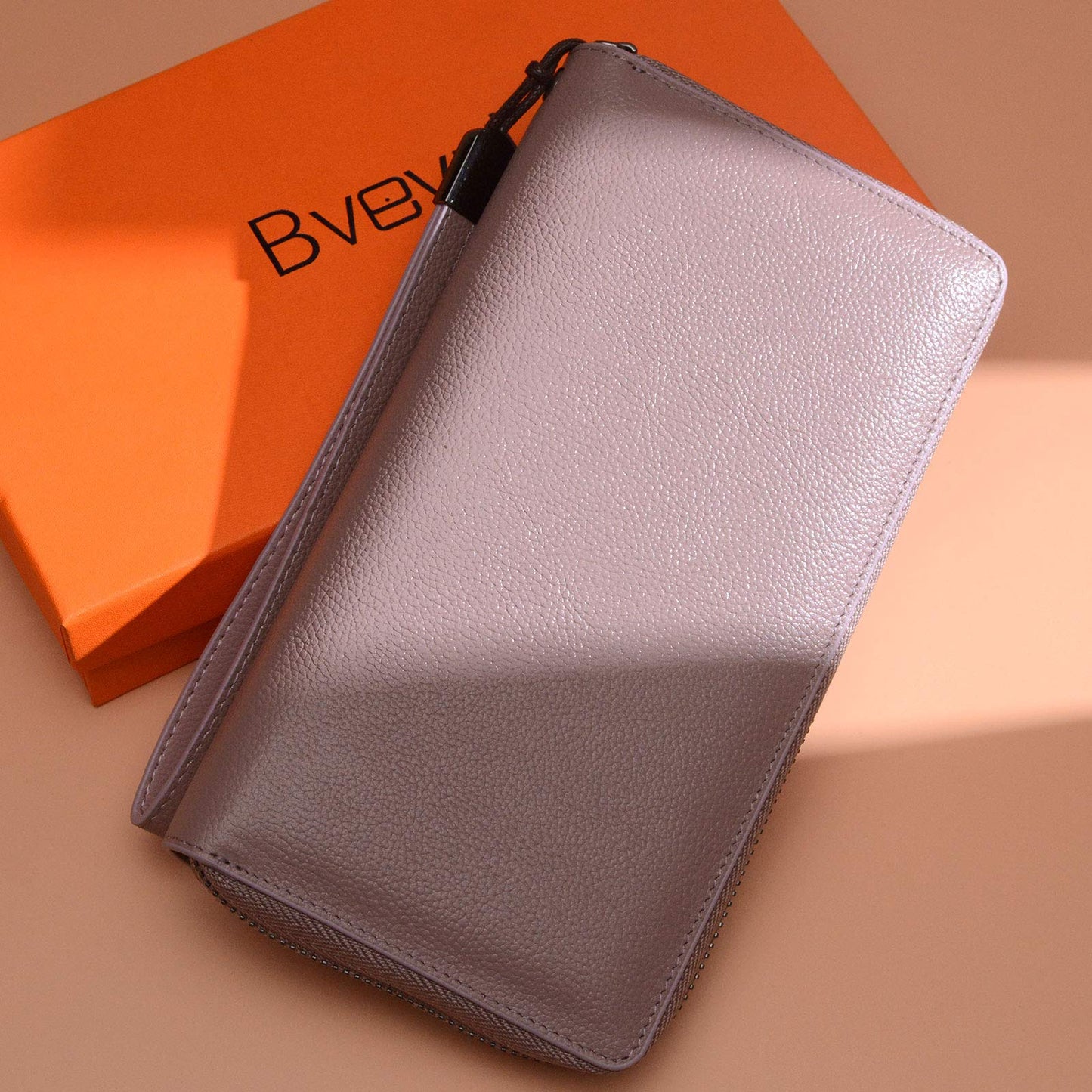 Bveyzi Women RFID Blocking Wallet Leather Zip Around Phone Clutch Large Capacity Ladies Travel Purse Wristlet (Dark Pink)