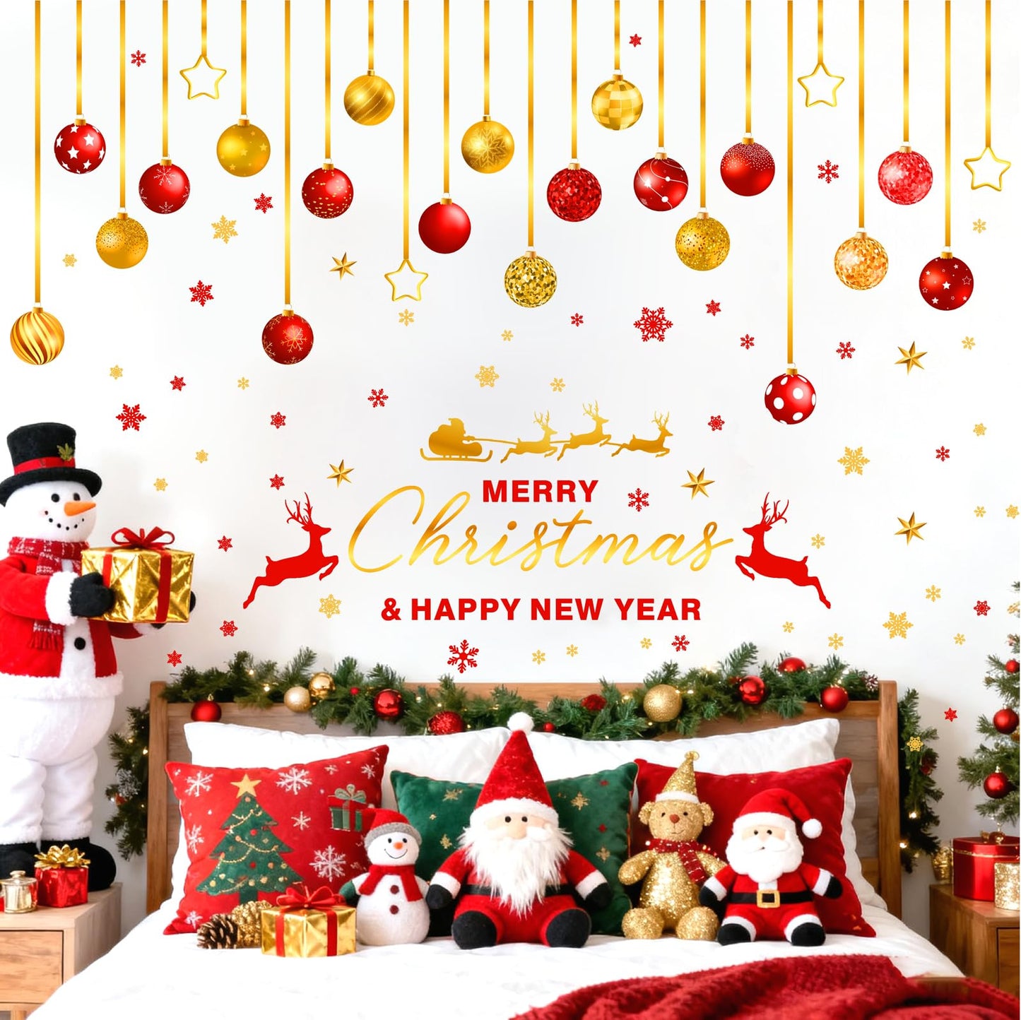 Christmas Bell Wall Stickers Large Ornament Wall Decals Peel and Stick Merry Christmas New Year Wall Decals Clings Holiday Red Gold Snowflake Hanging Bells Window Sticekrs Xmas Party Decoration