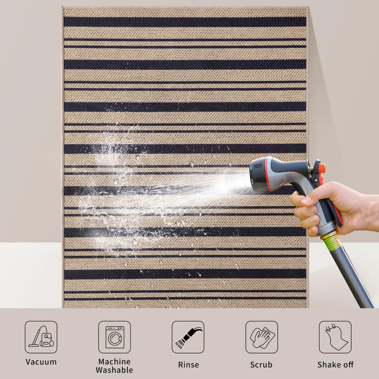 Tangsoo Stripe Easy Jute Rug,Ultra Thin 3x5 Washable Area Rug for Bedroom,Non-Slip Black Indoor Outdoor Rug Modern Farmhouse Low Pile Carpet for Patio Backyard Entryway