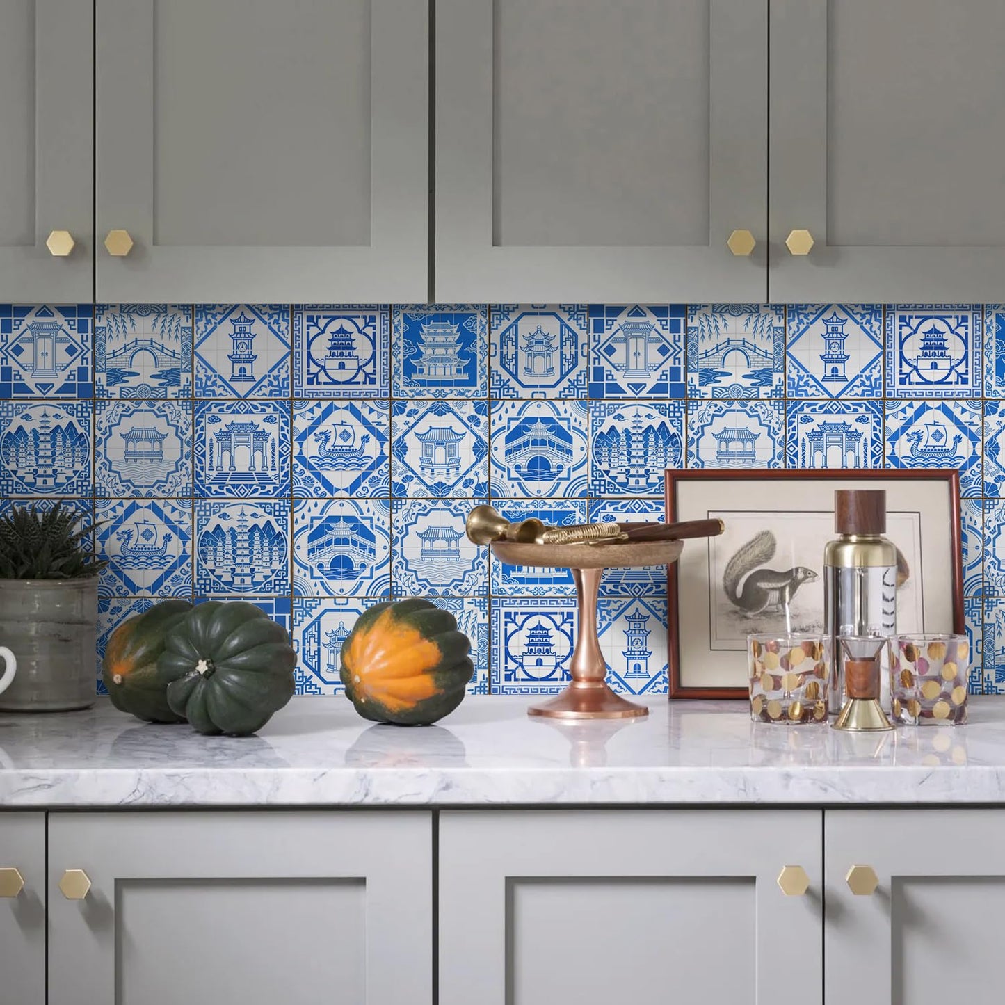 Decorative Blue White Tile Stickers Peel Stick with Chinese Pogada Pattern,Thickened Adhesive backsplash Tiles for Kitchen Furniture RV Vanity Fireplace Decor(5.91 * 5.91 in,12 pcs)