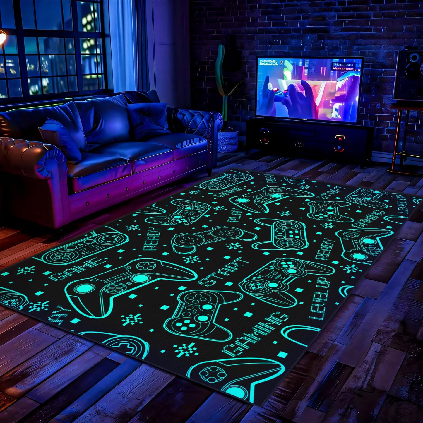 Auetwyona 4x6 Gaming Rug for Boys Room - 3D Printed Games Theme Fluorescent Green Gamer Area Rug for Livingroom Teen Boy Gamer Room Rug Decor Video Game Area Carpet for Bedroom,Game Room