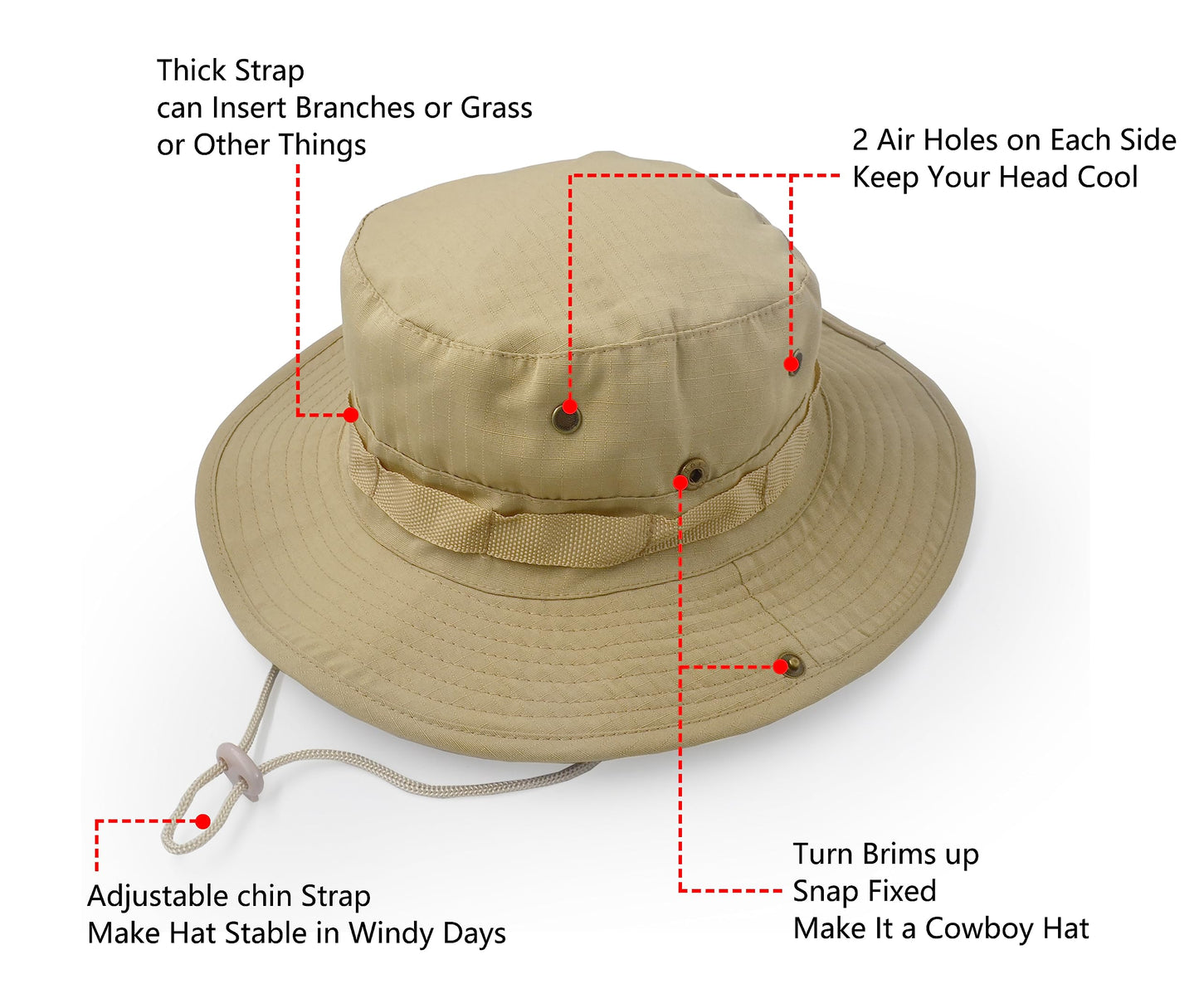 Outdoor Wide Brim Sun Protect Hat, Classic US Combat Army Style Bush Jungle Sun Cap for Fishing Hunting Camping Khaki 6
