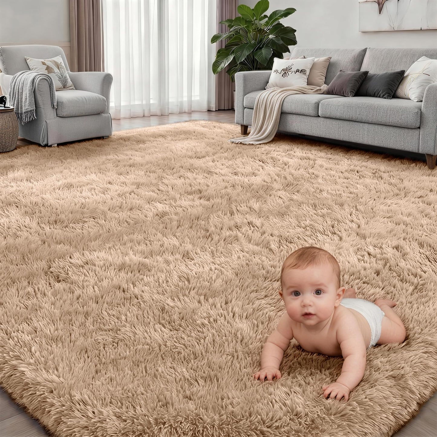 Fluffy 4x6 Area Rugs for Living Room Bedroom: Ultra Soft Shag Rug Non-Slip Non-Shedding Small Plush Bedside Rug Indoor Floor Carpets for Kids Room Playroom Entryway Nursery Dorms Home Decor Beige