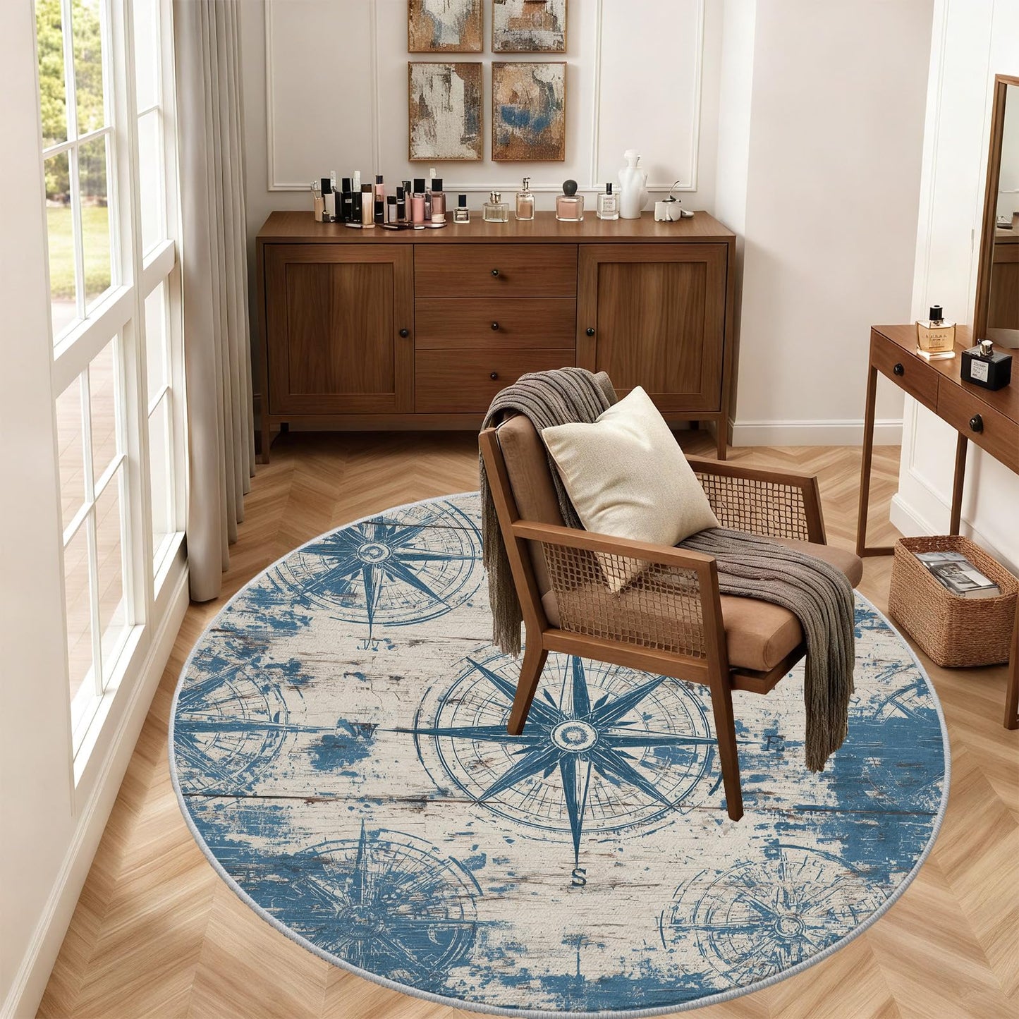 Naval Compass (Blue) Round Rug 4 ft Round Washable Area Rug Indoor Floor Cover Shabby Chic Wooden Planks Circle Mat Round Rugs Non Slip Low Pile Carpet for Entryway Living Room Bedroom