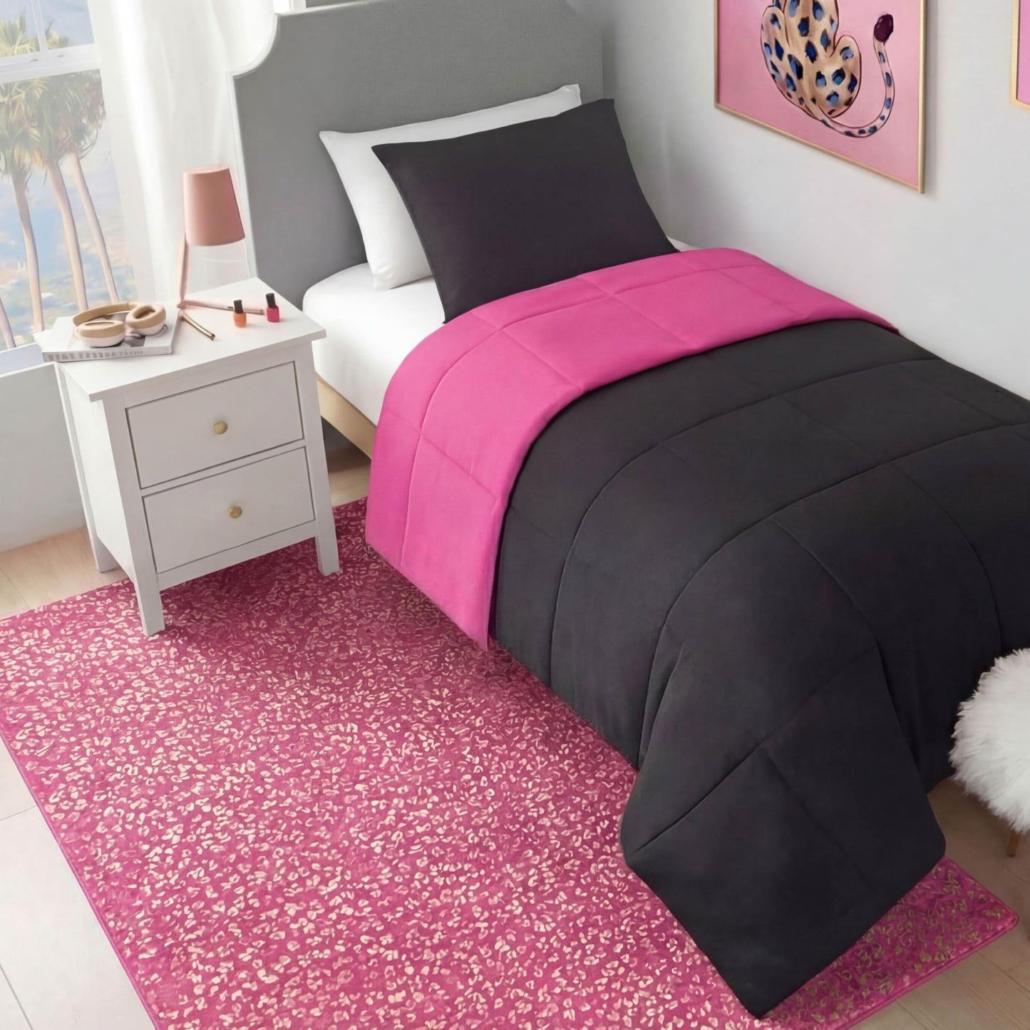 Juicy Couture Metallic Leopard Foil Print Area Rug, Padded with Non-Skid Backing, Hot Pink, 4' x 6'