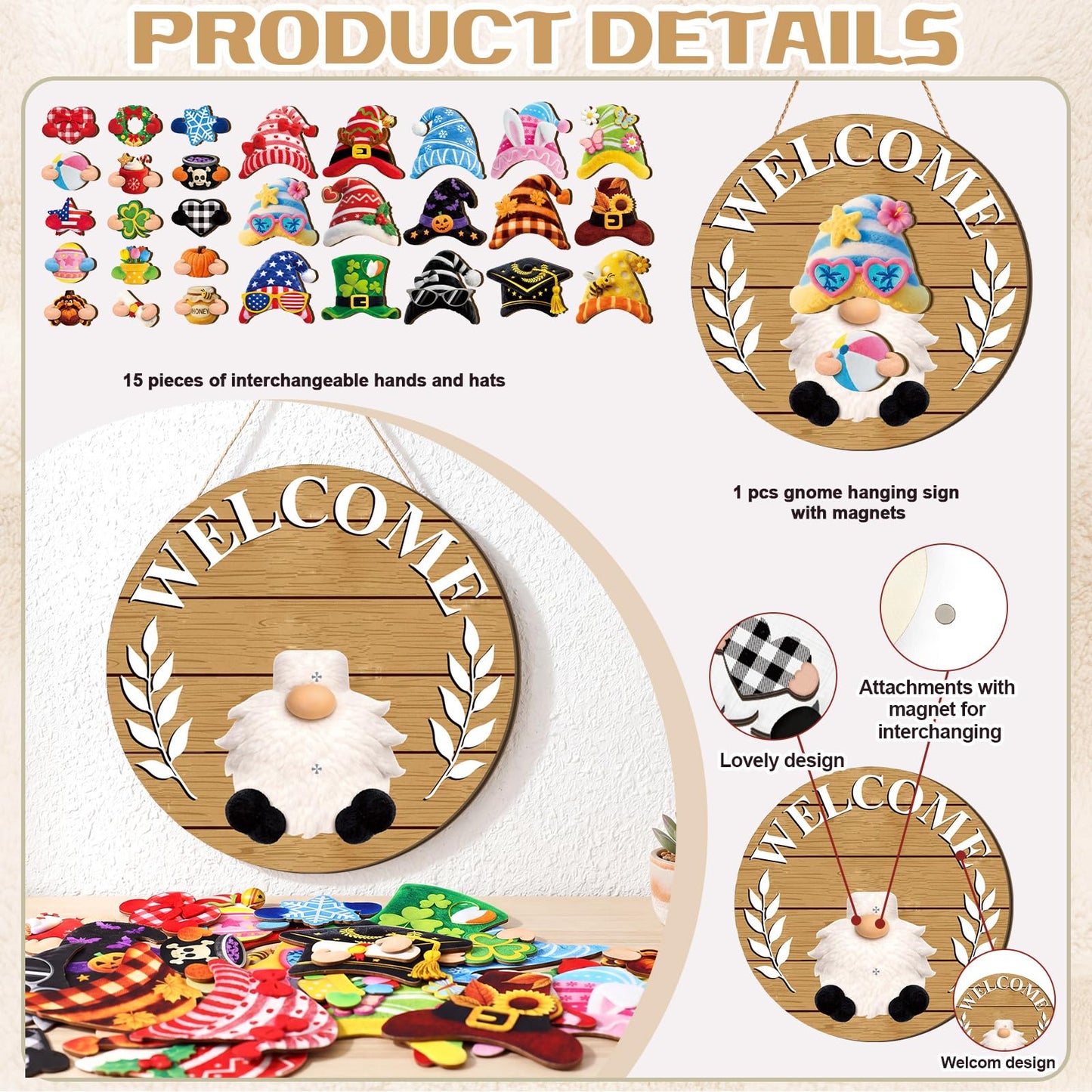 Qunclay 31 Pcs 3D Natural Grain Interchangeable Wooden Gnome Door Hanger Holiday Seasonal Gnome Decorations with Magnet Pieces and Detachable Hats Changeable Welcome Sign for Home (Yellow)