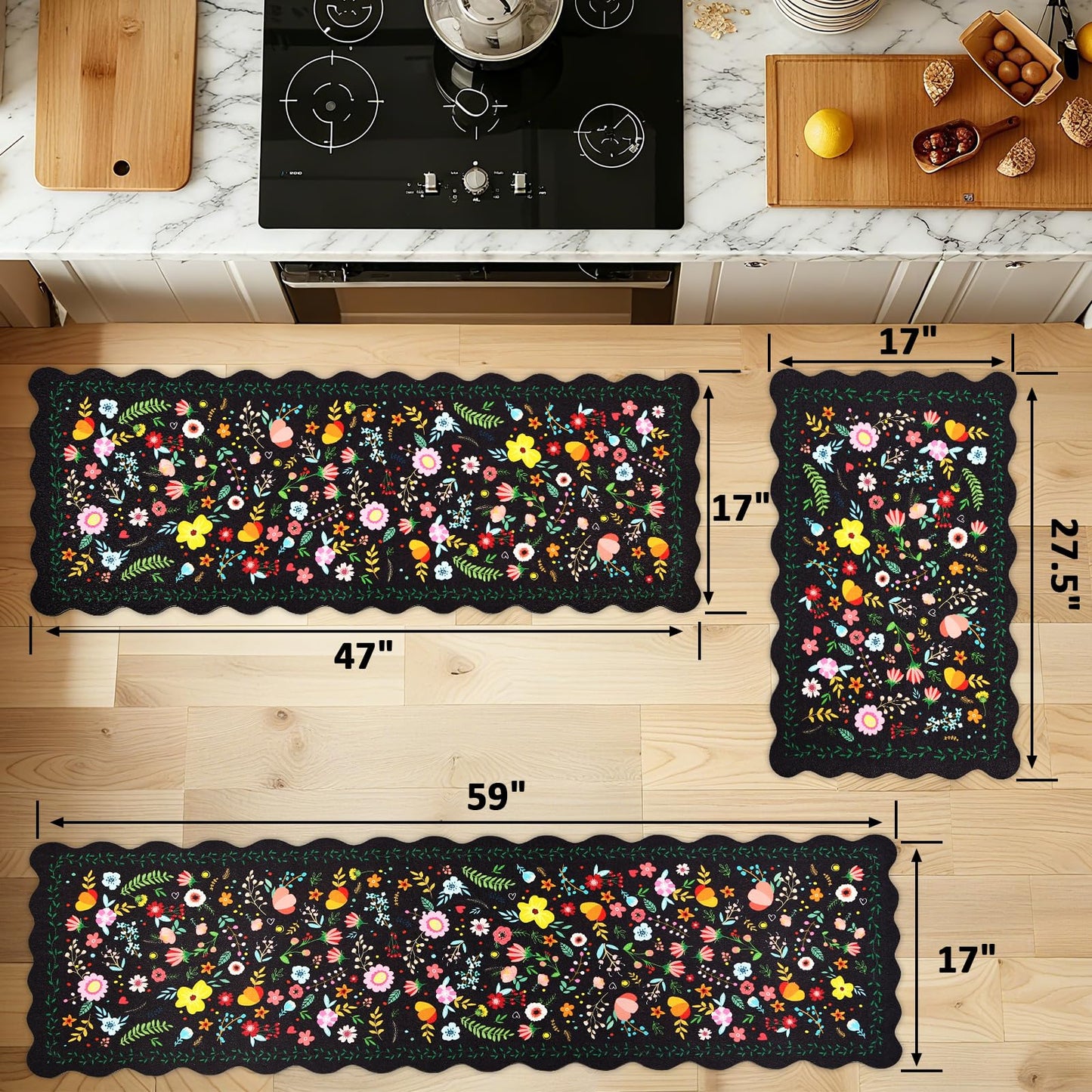 CQKEDMA Scalloped Kitchen Mats for Floor 3 Piece Set, Kitchen Floor Mat Non Slip Washable, Narrow Kitchen Runner Rugs Waterproof Boho Floral Standing Mat Door Mat for Sink Laundry, Hallways, Black