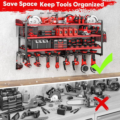 POKIPO Upgrade Large power tool organizer Wall Mount,4 Layers Heavy Duty Metal Loads 400lbs Power Tool Hanger Shelf Battery Storage with 8 Cordless Drill Bit Holder,Utility Racks for Garage Tool Room