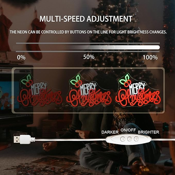 Merry Christmas Neon Sign, LED Sign XMAS Holly Berries for Christmas Decor, Holiday Wall Decoration, USB Powered, Adjustable Brightness