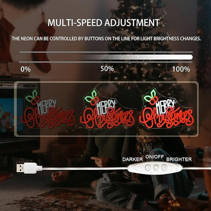 Merry Christmas Neon Sign, LED Sign XMAS Holly Berries for Christmas Decor, Holiday Wall Decoration, USB Powered, Adjustable Brightness