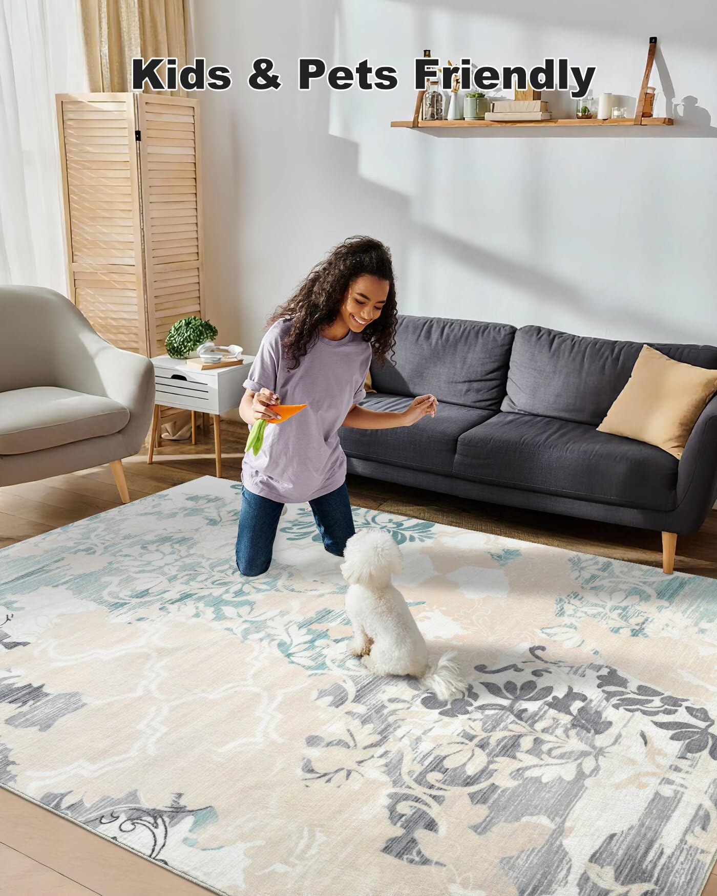Macgace Washable Abstract Rug, 5x7 Ivory and Aqua Floral Area Rugs with Non-Slip Rubber Backed for Bedroom, Low Pile Modern Throw Carpet Kitchen Living Room Decor