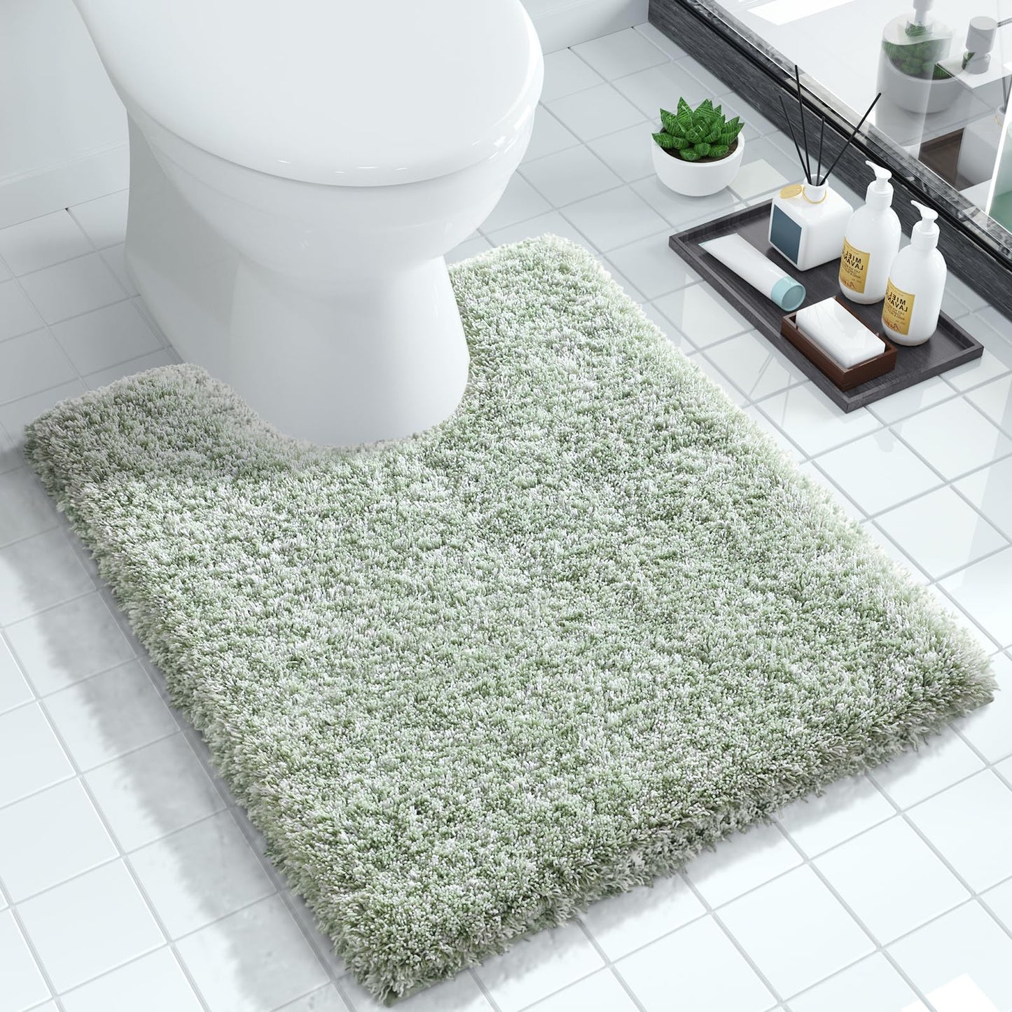 Yimobra Toilet Rugs U Shaped Washable 24X20, Ultra Soft and Water Absorbent Bath Mats, Non Slip Fluffy Shaggy Luxury Microfiber Contour Bath Rugs for Toilet, Dry Quick, Light Green and White