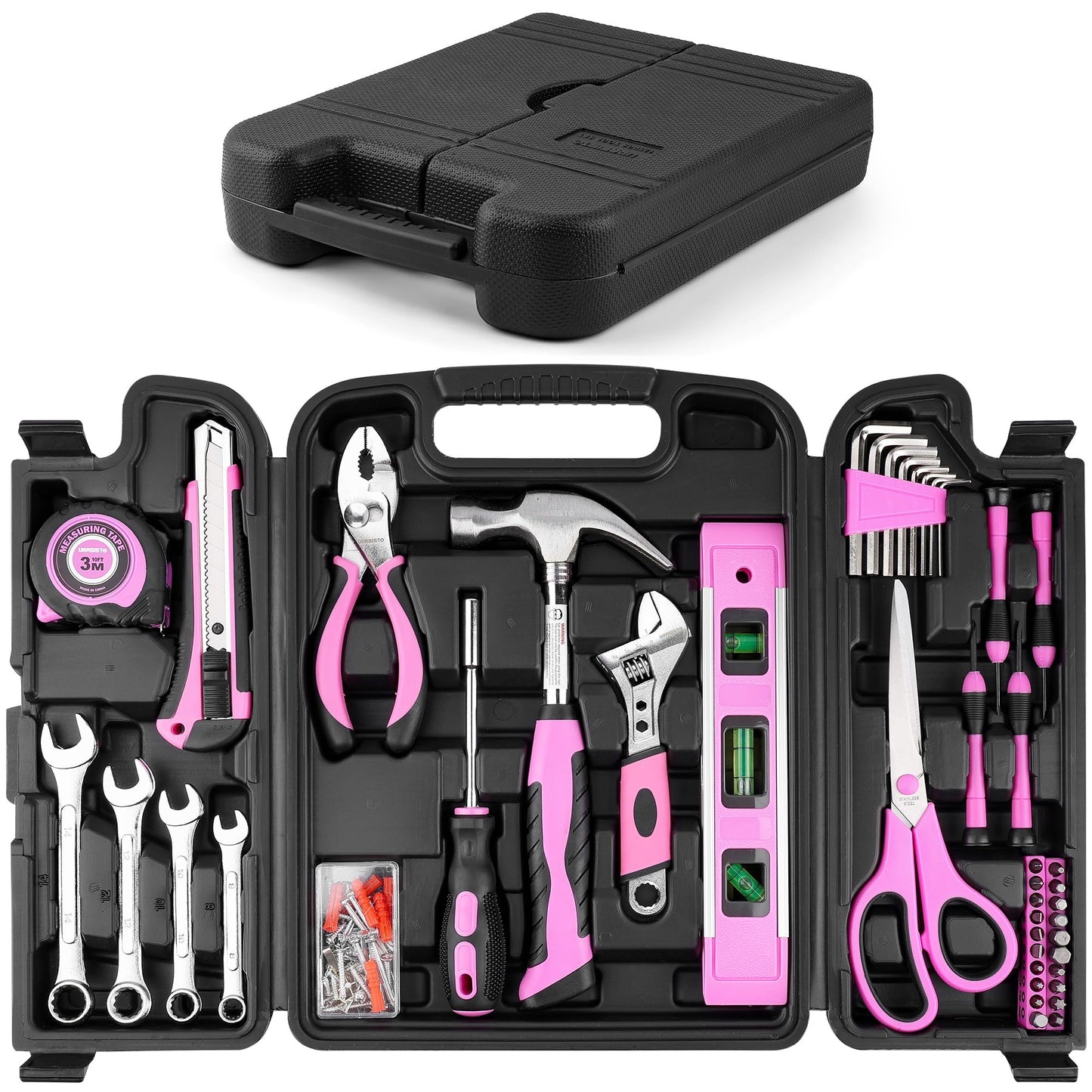 URASISTO 125 PCS Pink Household Tool Set, Pink Ladies Basic House DIY Toolkit Set for Home Garage Office College Dormitory Use, Hand Tool Kits for Women