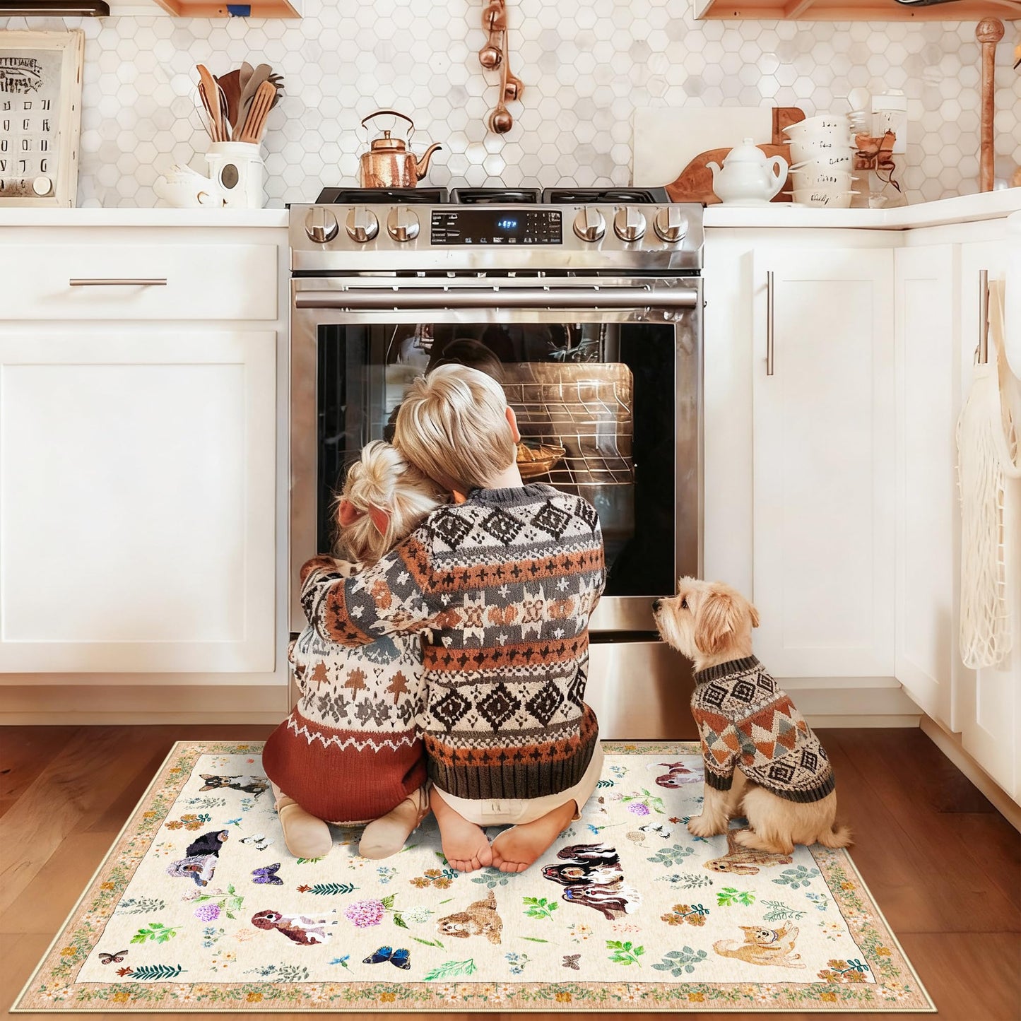 Washable Floral Animal 3x4 Rug: Non-Slip Low Pile Entryway Area Rugs Dog Printed Carpet Stain Resistant Kitchen Runners Soft Beside Floor Mat for Bedroom Kids Room Home Office Laundry(3x4,Beige/Dog
