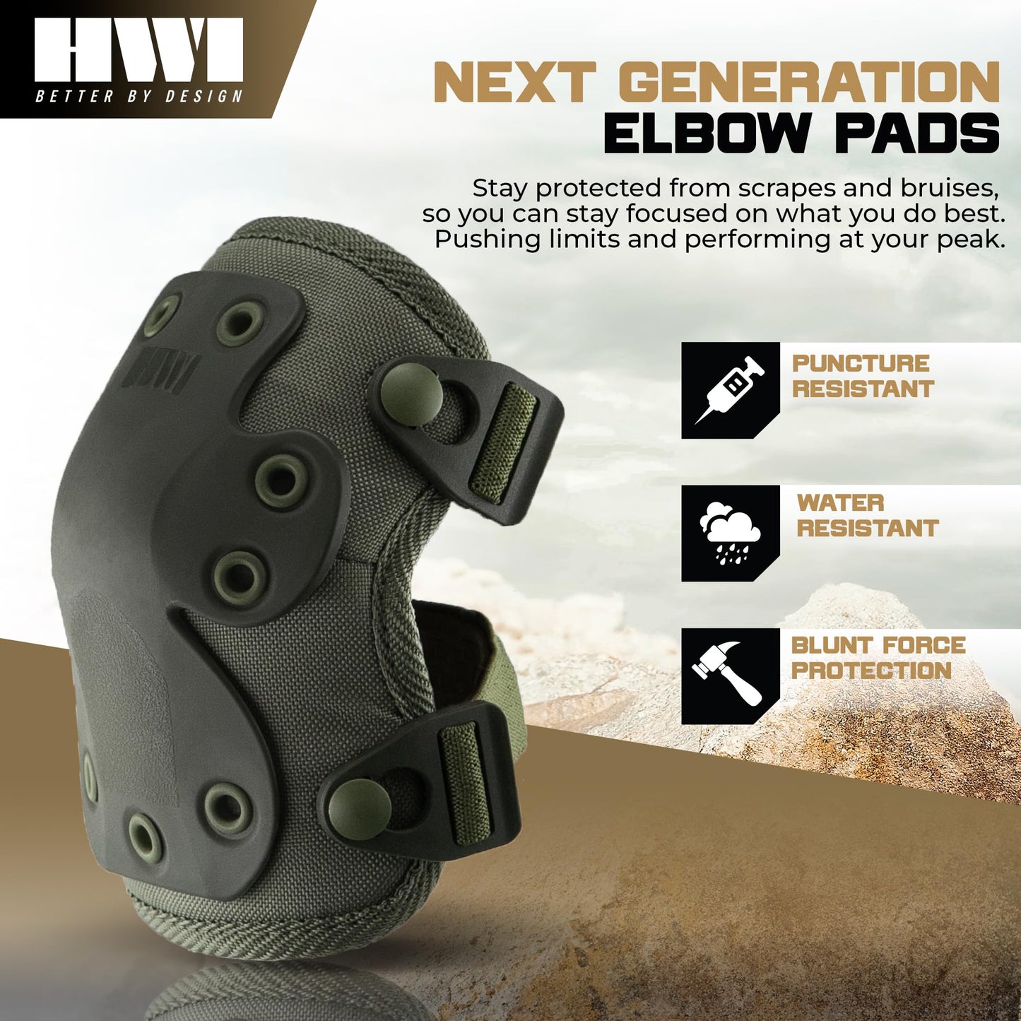 HWI Gear Next Generation Elbow Pad for Protection: Combat, Mechanics, Construction, Hunting, Landscaping, Outdoor Survival, Heavy Duty Industrial Grade, Adjustable