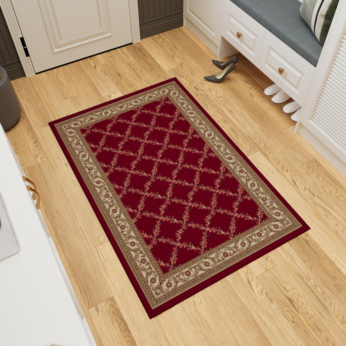 Ottomanson Accent Rug – Non Slip Low Pile Small Rug for Entryway, Bedroom, Bedside & Coffee Table Areas, 2'7" x 4', Trellis Red