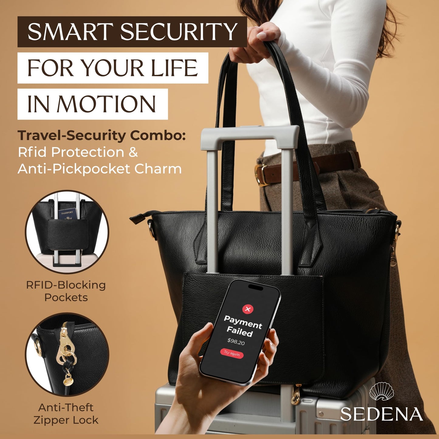 sedena Women’s 16” Laptop Tote Bag – Black Vegan Leather Work Bag with Cupholder, RFID Pockets, Anti-Pickpocket Zipper, Travel Tote with Trolley Sleeve & Detachable Laptop Sleeve