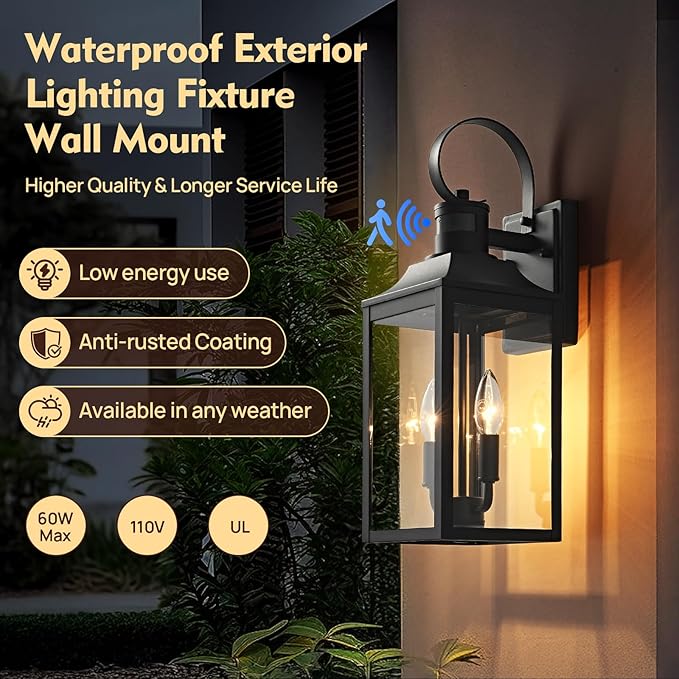 18.9" Black Motion Sensor Outdoor Wall Lantern, 2-Light Industrial Porch Light with Clear Glass Waterproof Exterior Light Fixture Sconce for Outside Porch, Patio, and Garage (1 Pack)