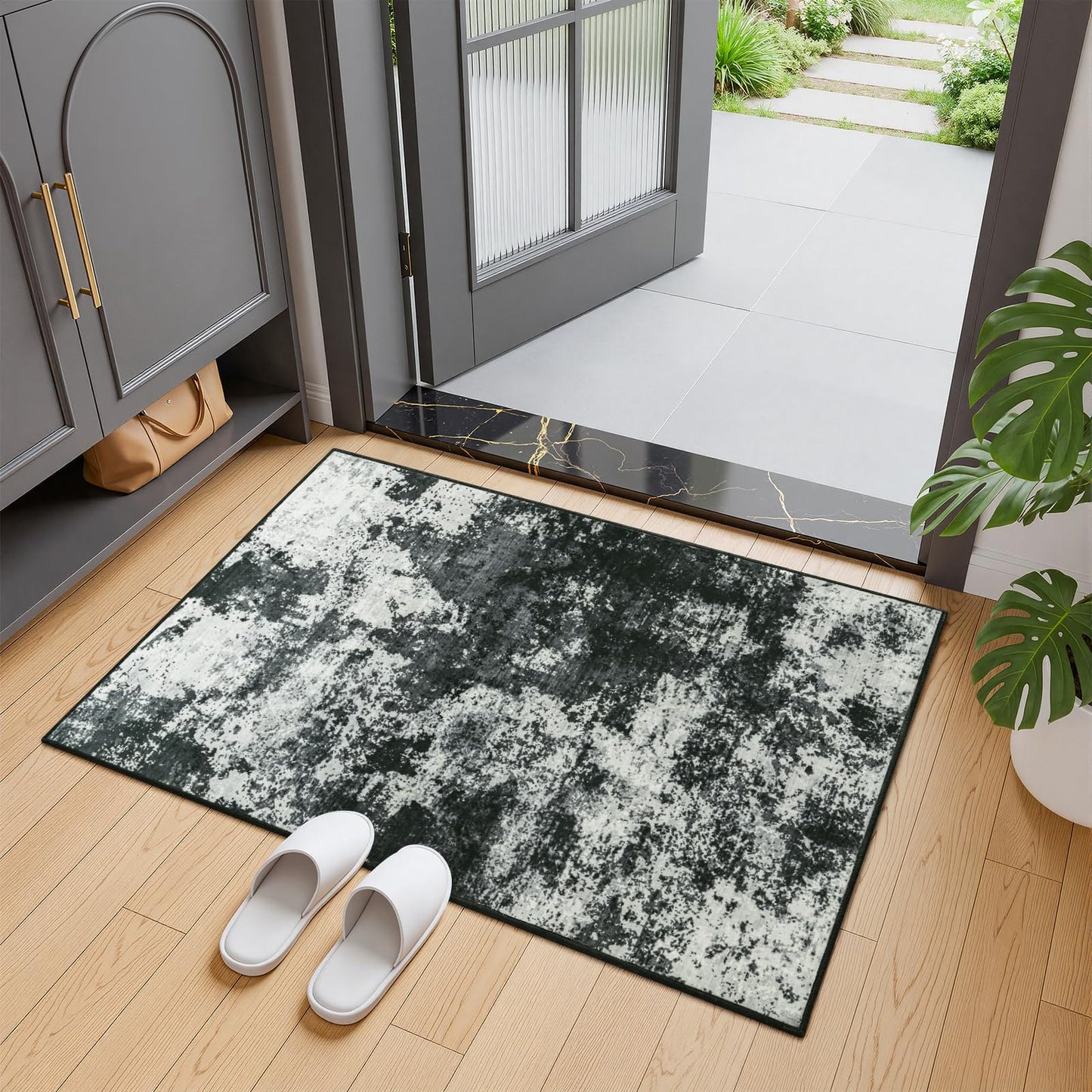 Merelax 2x3 Black Entryway Washable Area Rug, Kitchen Bedroom Entrance Small Area Rugs, Non Slip Bathroom Throw Rugs, Front Door Indoor Door Mat, Modern Abstract Carpet