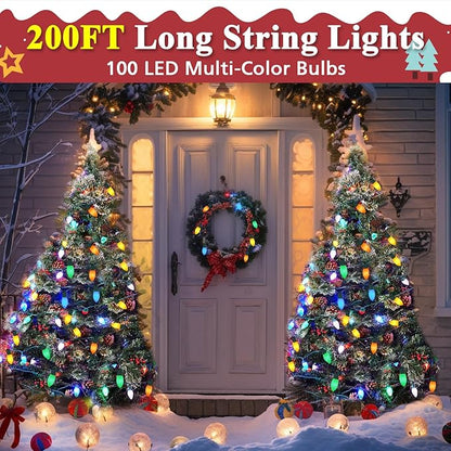 C9 Christmas Lights Outdoor Multicolor, 200FT 100LED string Lights Waterproof Shatterproof, Extendable C9 Xmas Light, Indoor Outdoor Christmas String Light for House Roof Patio Garden Tree Party