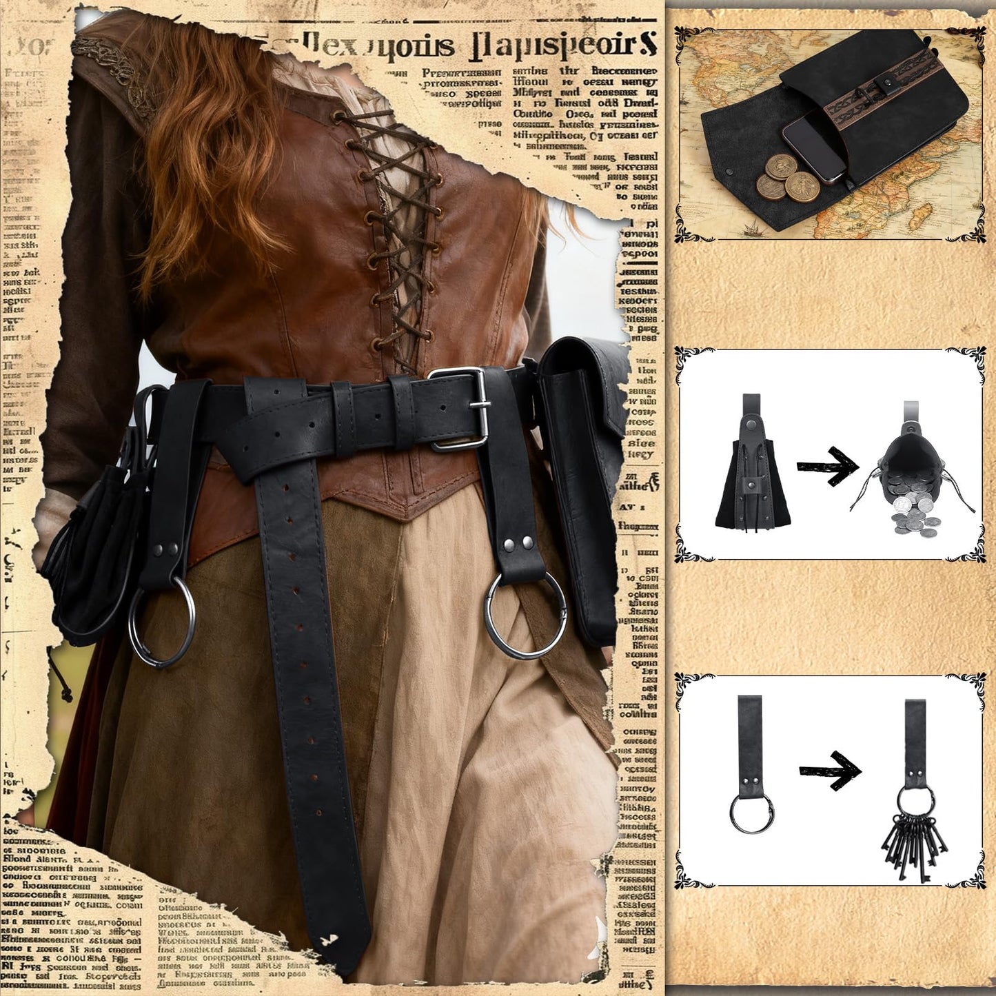 Treature Medieval Belt Pouches - Renaissance Belt Pouch Coin Purse Skirt Hike Set - Medieval Pirate Costume Halloween Cosplay for Ren Faire. (Black)