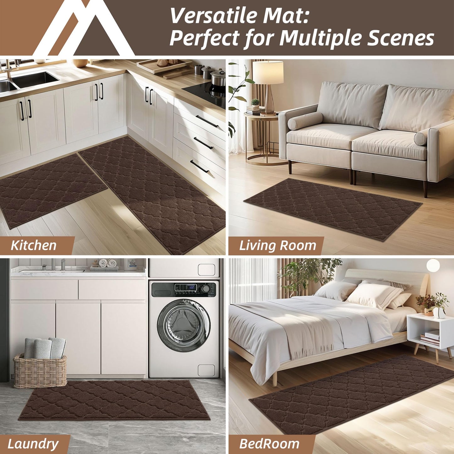 COSY HOMEER Soft Kitchen Rugs [2 PCS] for in Front of Sink Super Absorbent Kitchen Floor Mats and Mats 20x30 Inch/20X48 Non-Skid Kitchen Mat Standing Mat Washable,Polyester,Brown