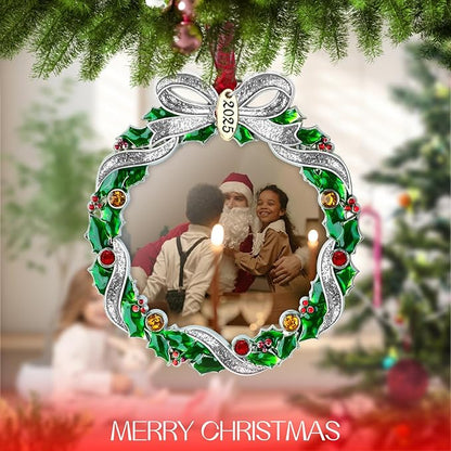 Christmas Tree Ornament Picture Frame Metal Hanging Pendant Holiday 2.5" Photo Frame Charm Decorative of Pets, Baby First Christmas, Family (2025 Christmas Wreath)