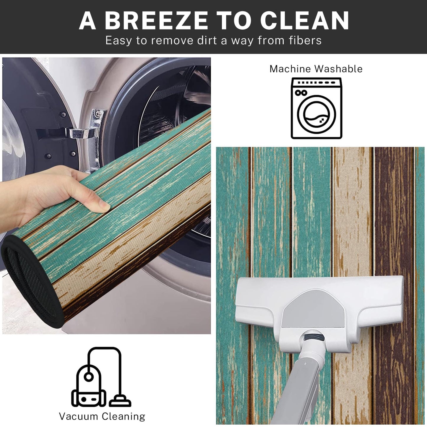 Tayney Rustic Kitchen Rugs and Mats Non Skid Washable Set of 2, Teal Country Wood Board Mats for Floor, Turquoise Brown Stripes Runner Rug Wooden Plank Texture Kitchen Decor