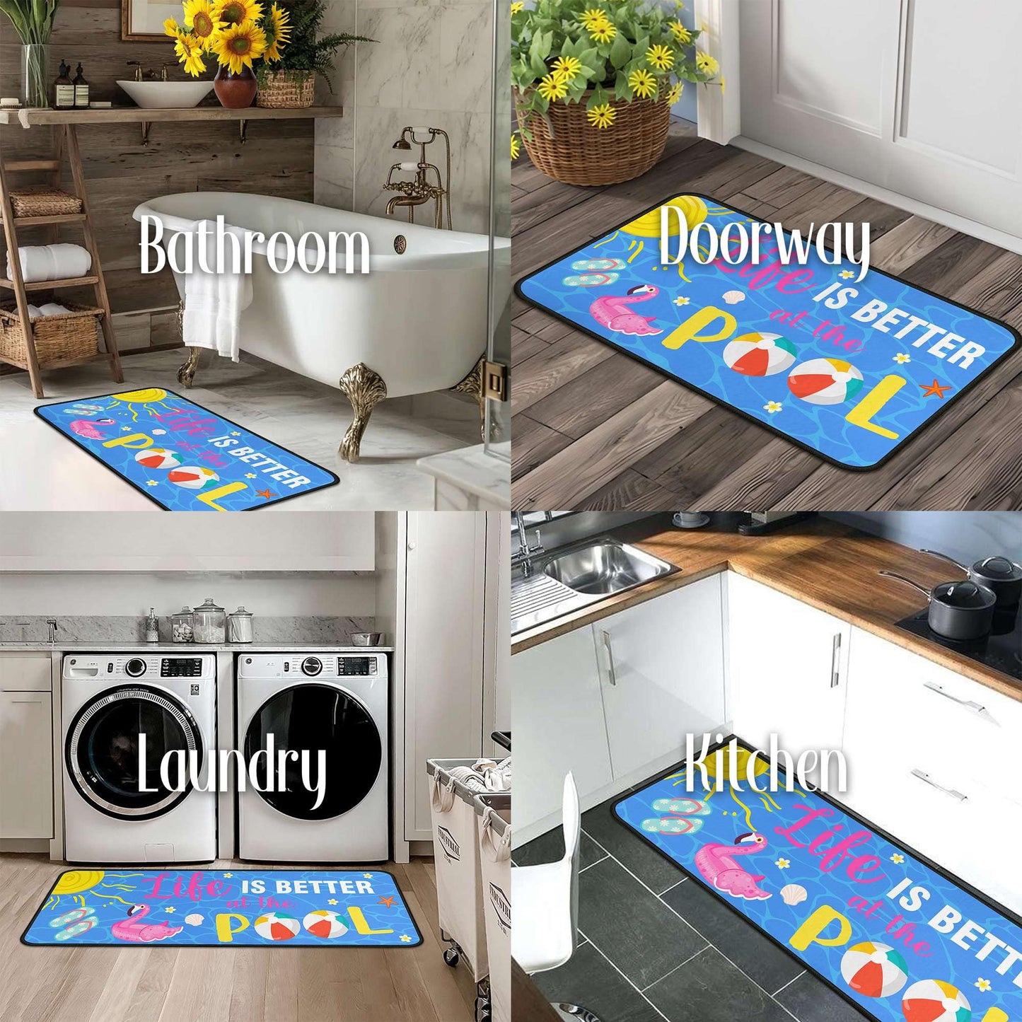 flippana Summer Kitchen Rugs and Mats for Floor, Summer Decorations for Home, 2 Pcs Non-Slip Backing Life is Better at The Pool Mat Rug Sets with Runner 17"x47.2"+17"x30"