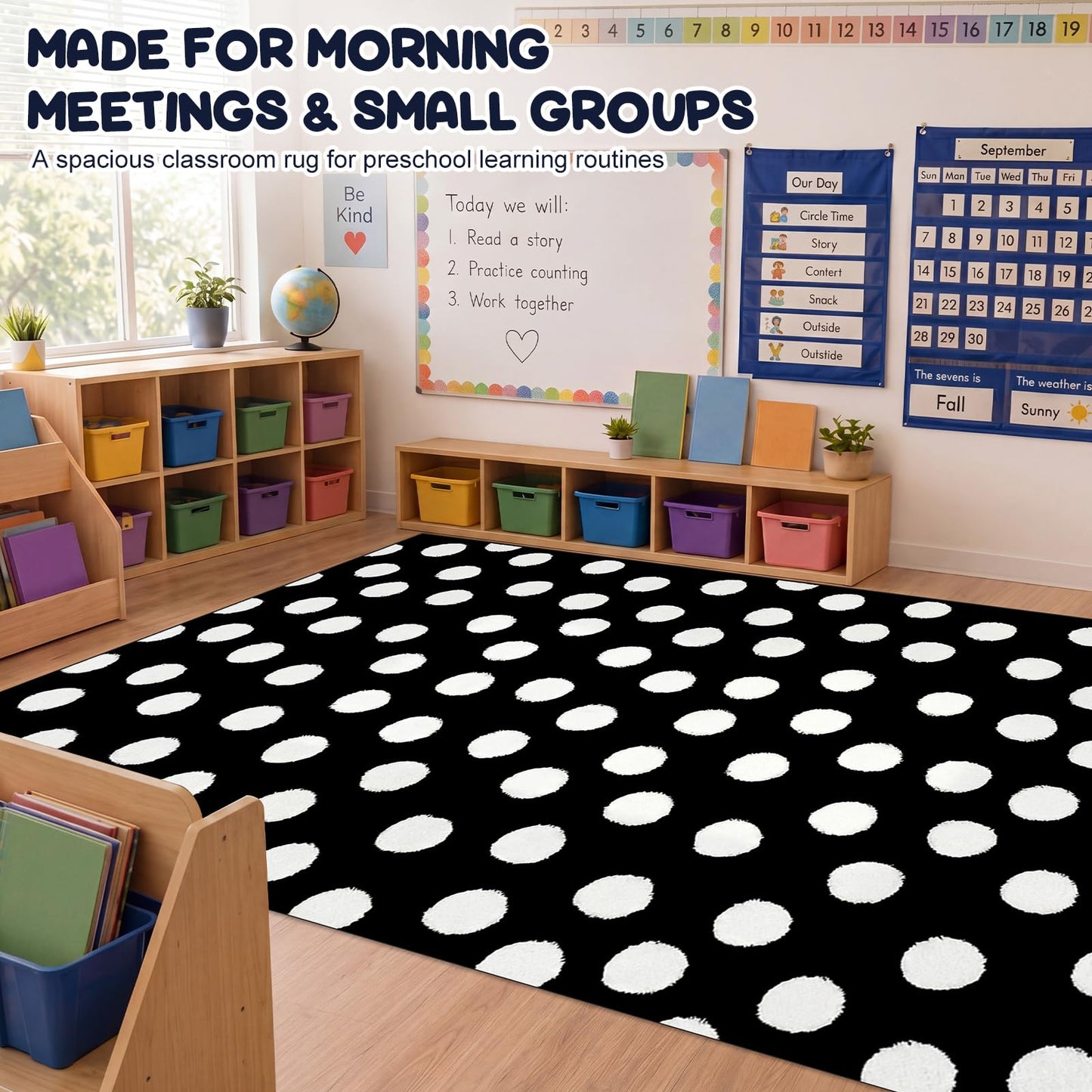 Nuanchu Large Polka Dot Classroom Rug 6.5 x 12.1 ft Black and White Classroom Carpet with Rubber Backing Non-Slip First Day of School Rugs for Playroom Nursery Preschool