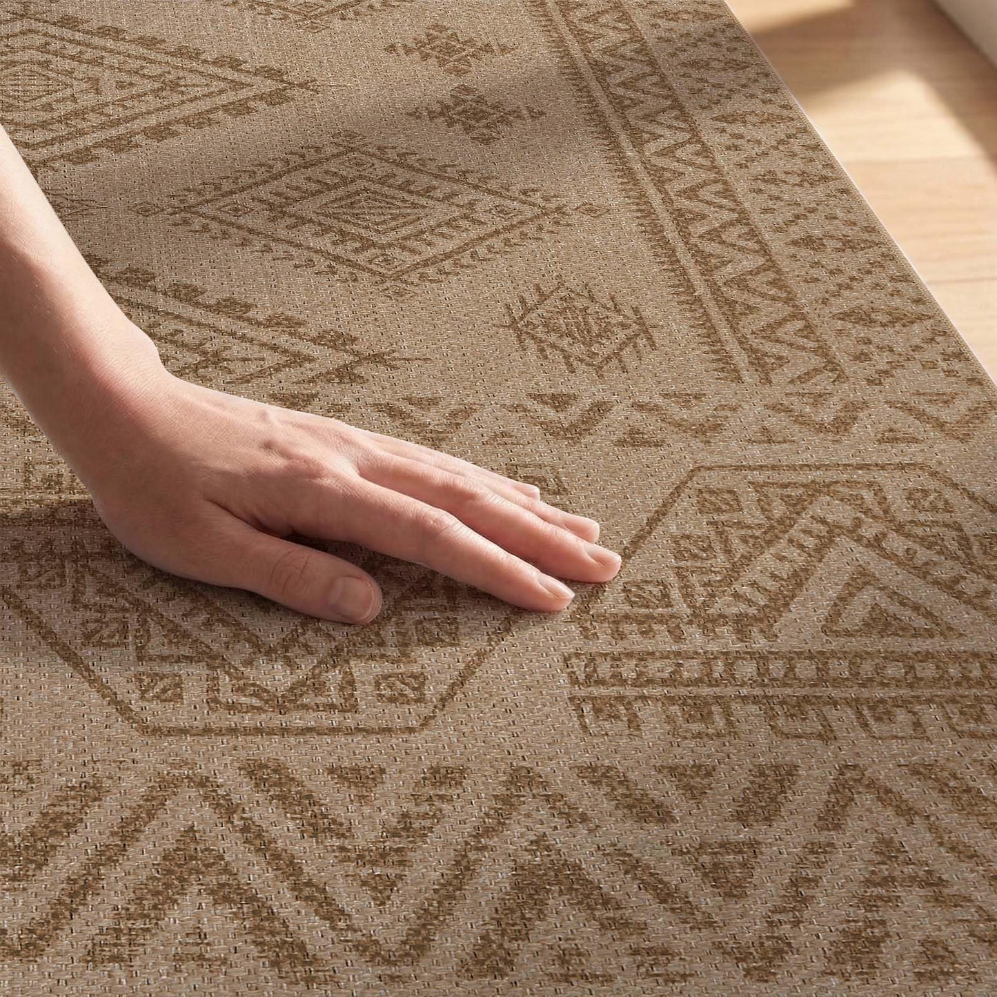 jinchan 8x10 Washable Faux Jute Area Rug, Boho Southwestern Geometric Natural Fiber Look Floor Mat, Low-Pile Non-Slip Large Outdoor Rug for Living Room Dining Room Patio, Natural Taupe