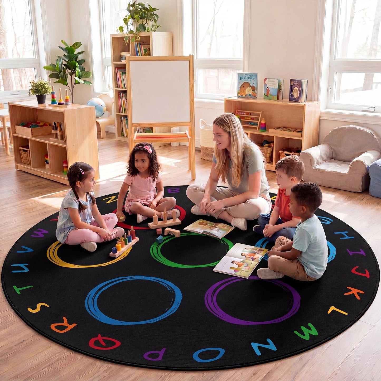 Teenyyou 6.5 ft Classroom Rug with Colorful Circle Kindergarten Educational Large Area Rug Kids Room Children Classroom Carpet Playroom Learning Preschool School Decor Seating Carpet 7 Seats