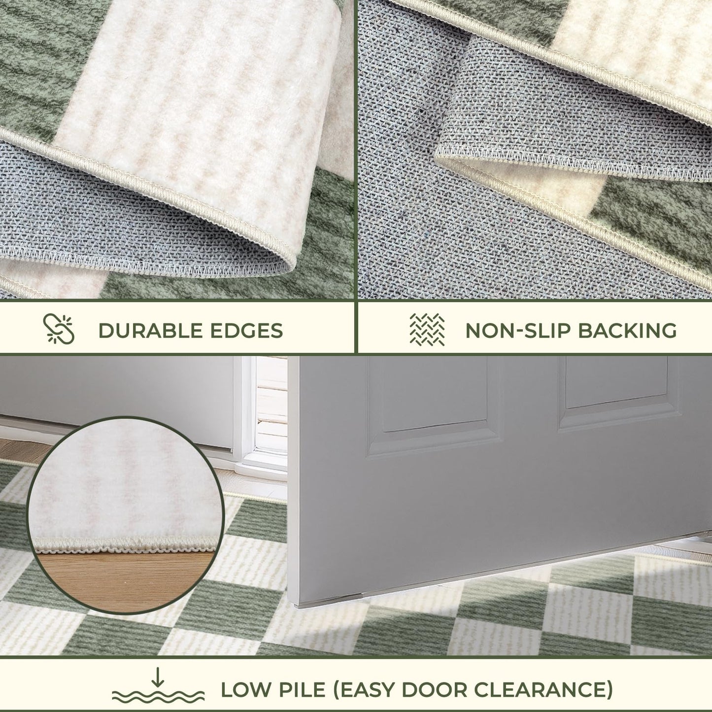 Machine Washable 5x7 Area Rugs for Living Room Checkered, Non Slip Soft Low Pile Farmhouse Geometric Modern Neutral Playroom Boys Rugs for Bedroom, Large Carpet Rugs for Dining Room(Sage Green,5'x7')